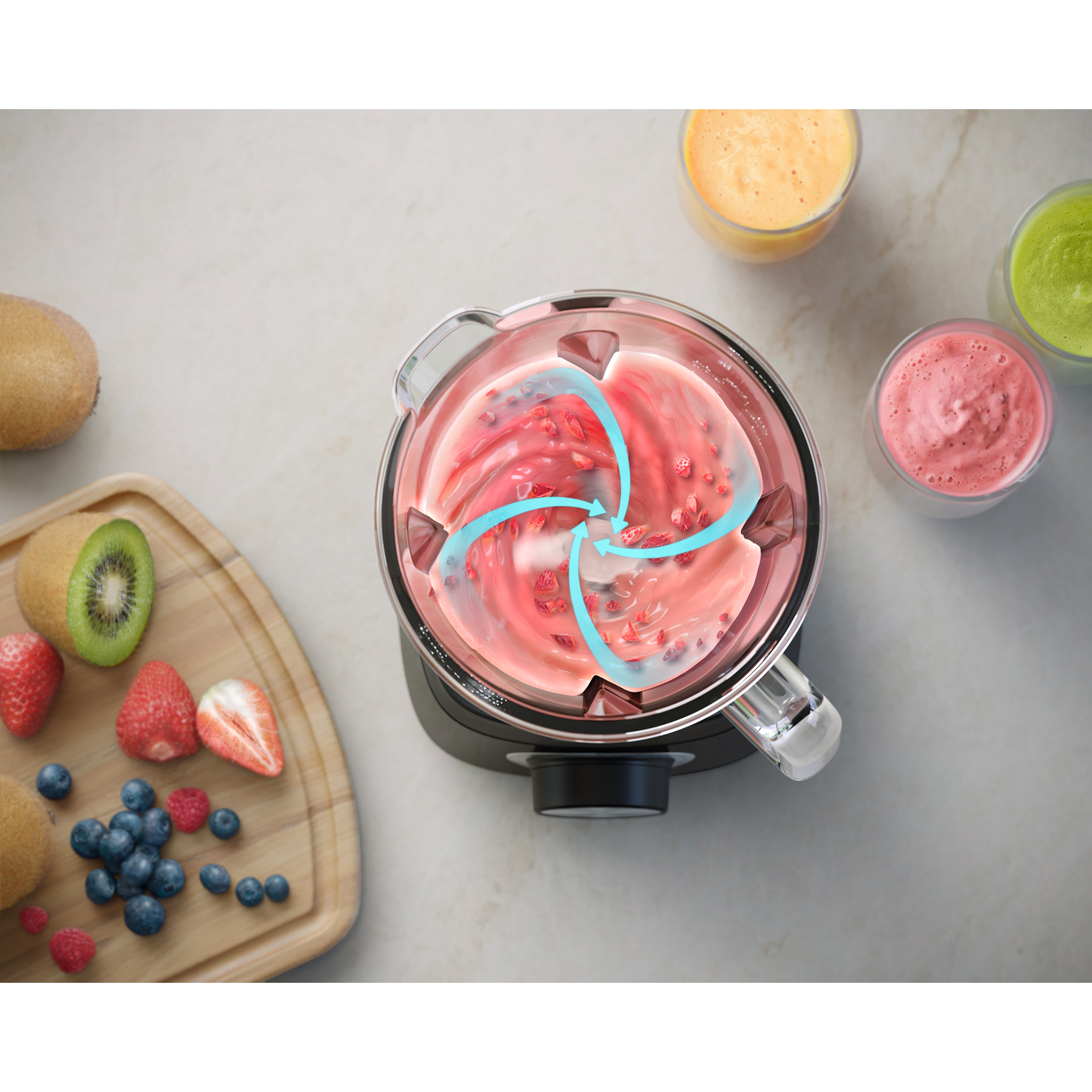 A blender with pink smoothie, surrounded by ingredients and smoothies of different colors.