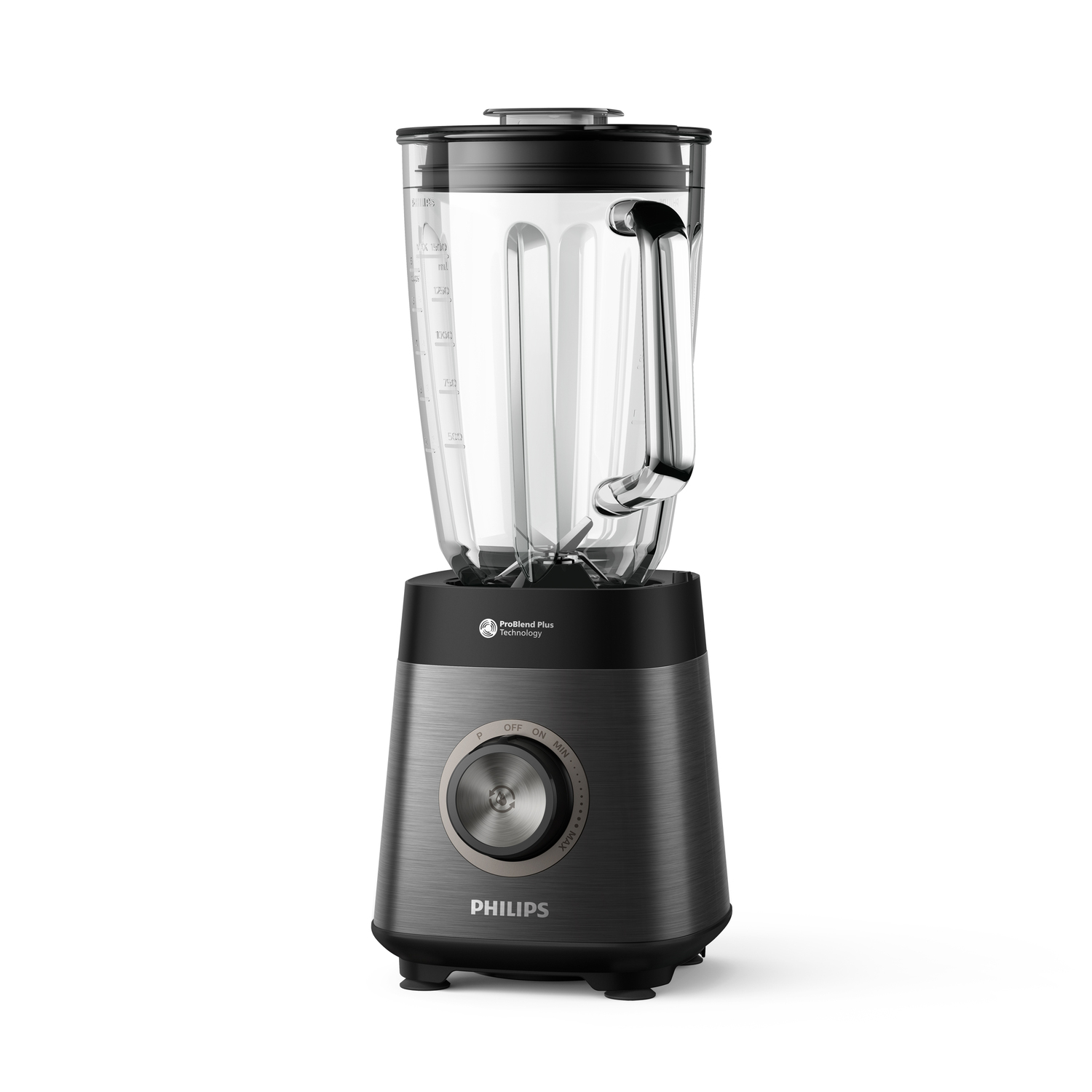Een zwarte en zilveren blender met een glazen kan en een draaiknop.