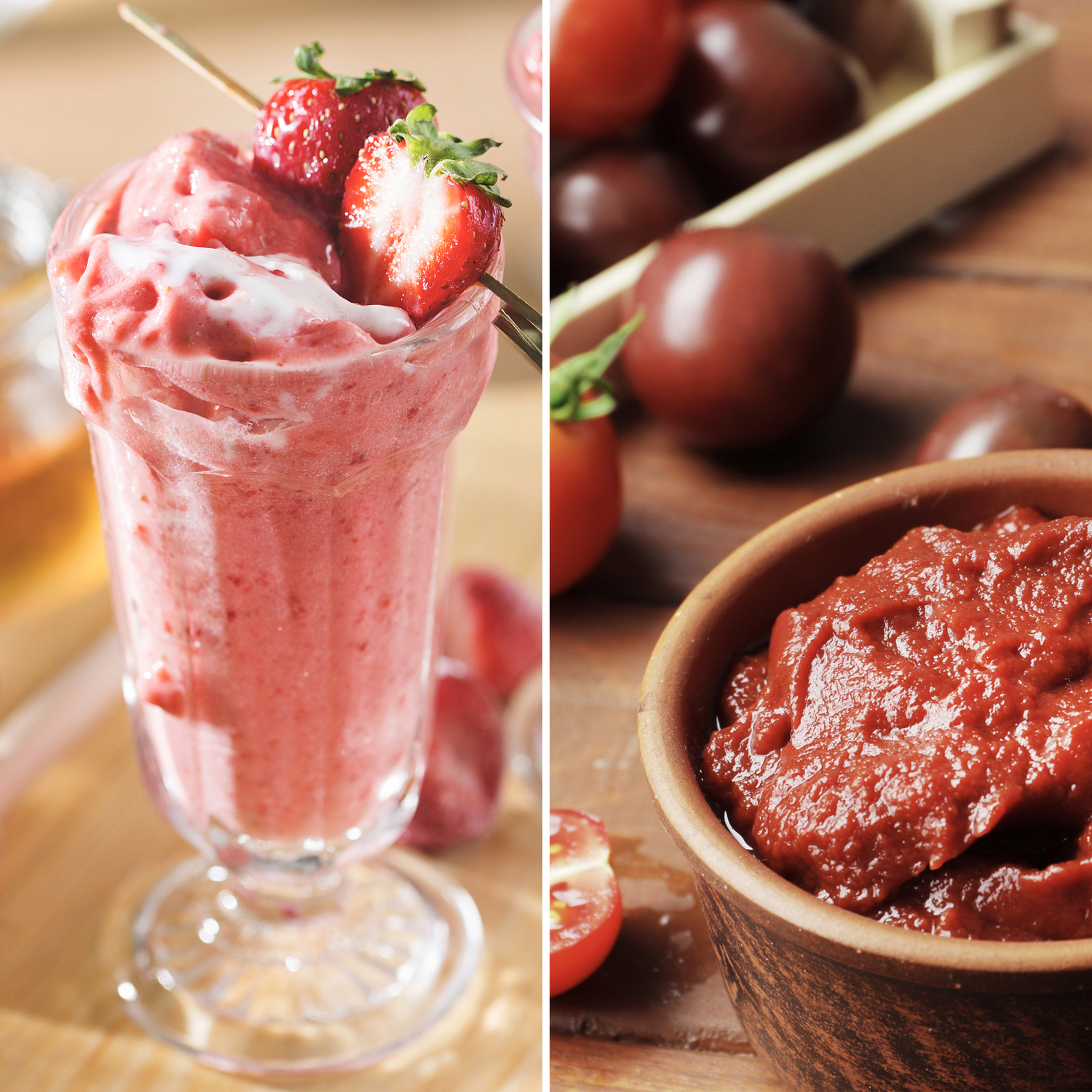 Aardbeiensmoothie met aardbeien erop en tomatenproducten.