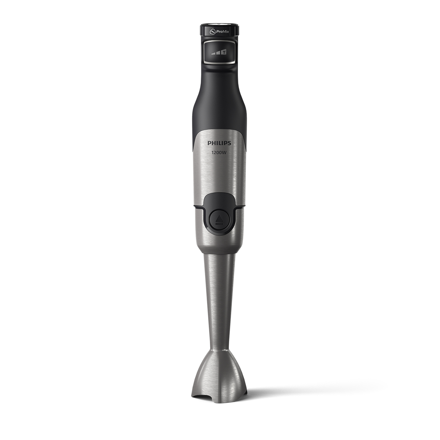 Handblender met zwarte en zilveren behuizing en een roestvrijstalen mixkop.