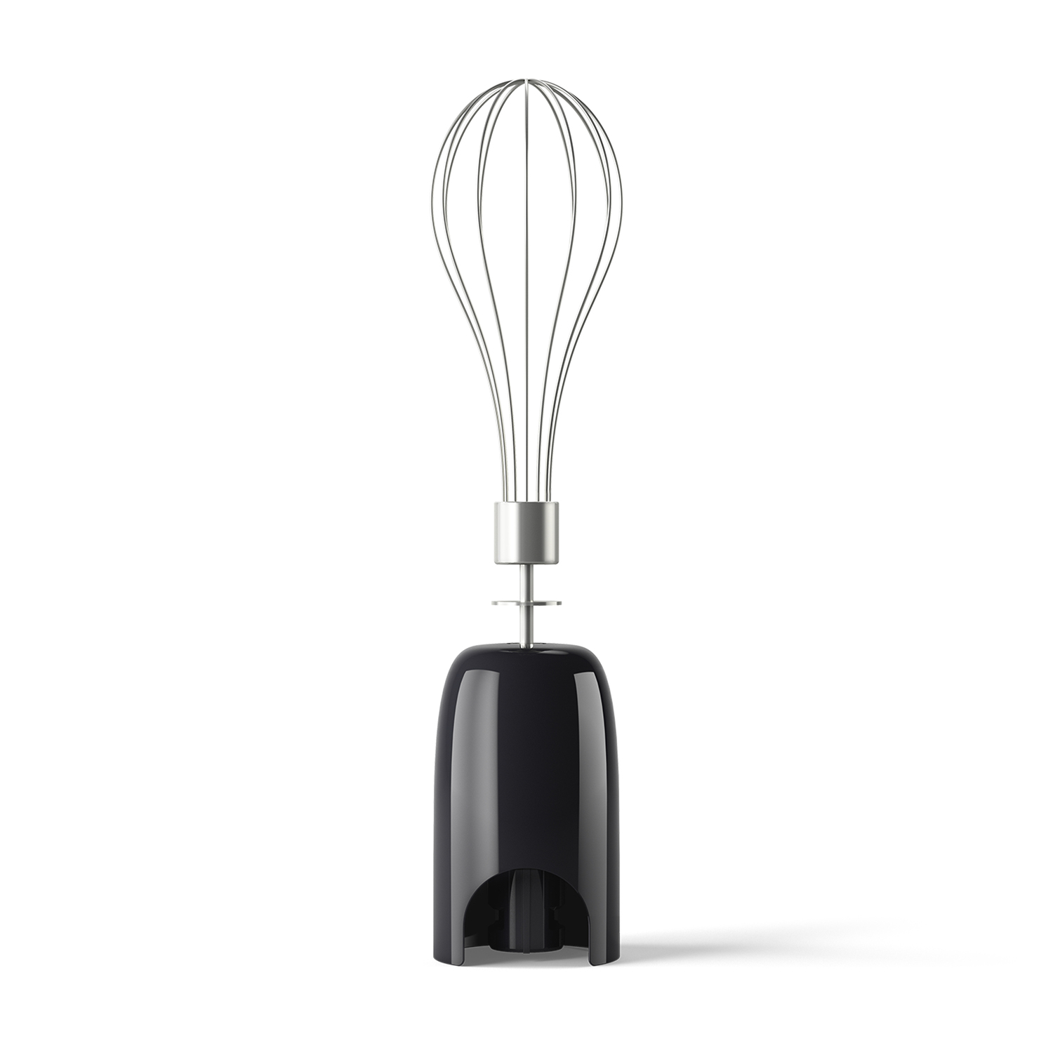 Een zwarte handmixer met een garde-opzetstuk, tegen een witte achtergrond.