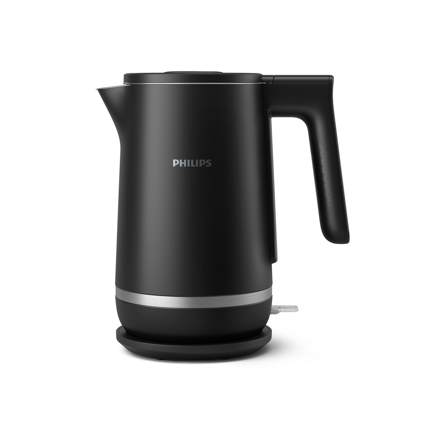 Een zwarte elektrische waterkoker op een zwart voetstuk, met het 'PHILIPS'-logo.