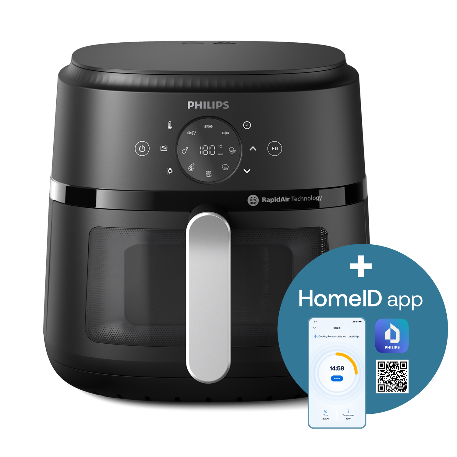 Une friteuse à air Philips noire avec affichage numérique et un écran d'application mobile.