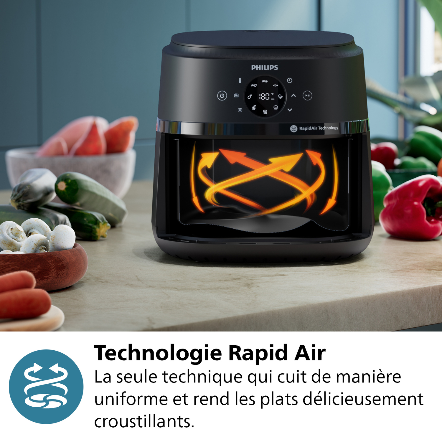 Friteuse à air Philips noire avec légumes autour. Flèches indiquent la circulation de l'air.
