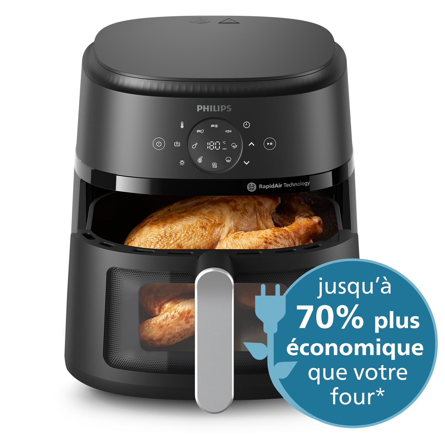 Une friteuse à air noire avec un poulet à l'intérieur, et le texte : 70 % plus économique que votre four.