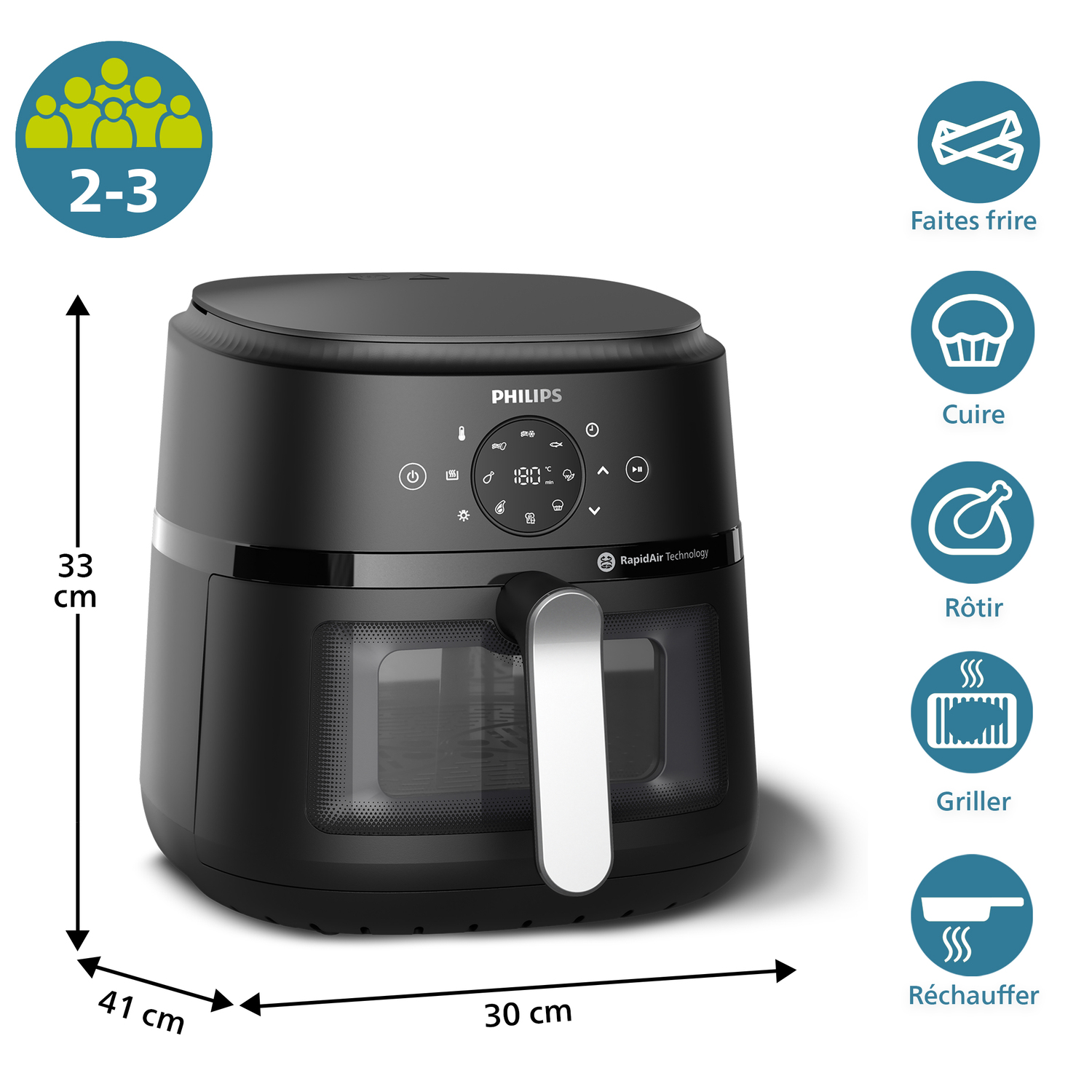 Friteuse à air noire avec commandes et détails de dimensions. Icônes pour frire, cuire, griller, etc.