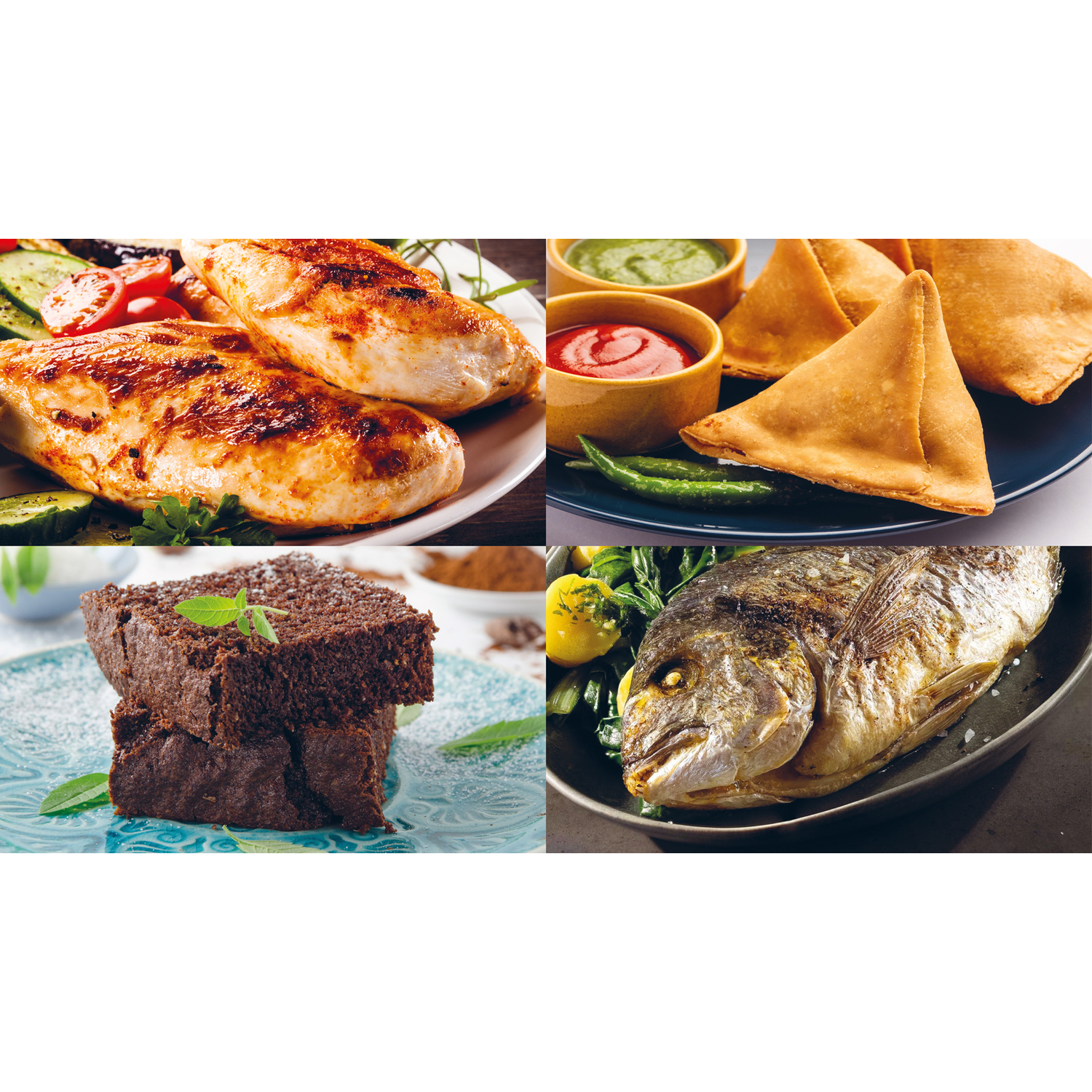 Un collage d'aliments cuisinés : poulet grillé, sauces, samossas, un brownie et du poisson grillé.