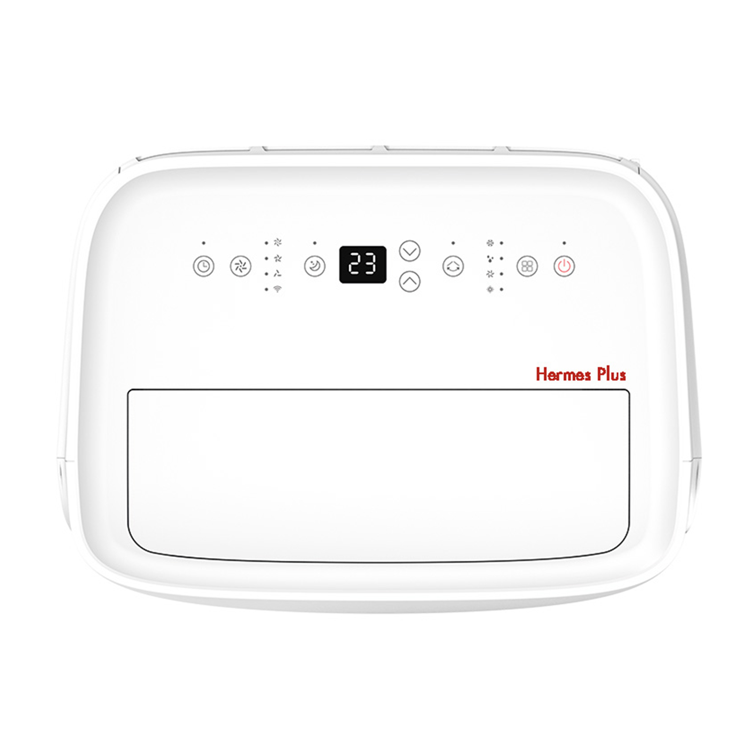 Purificatore d'aria bianco con display digitale. Testo: "Hermes Plus".