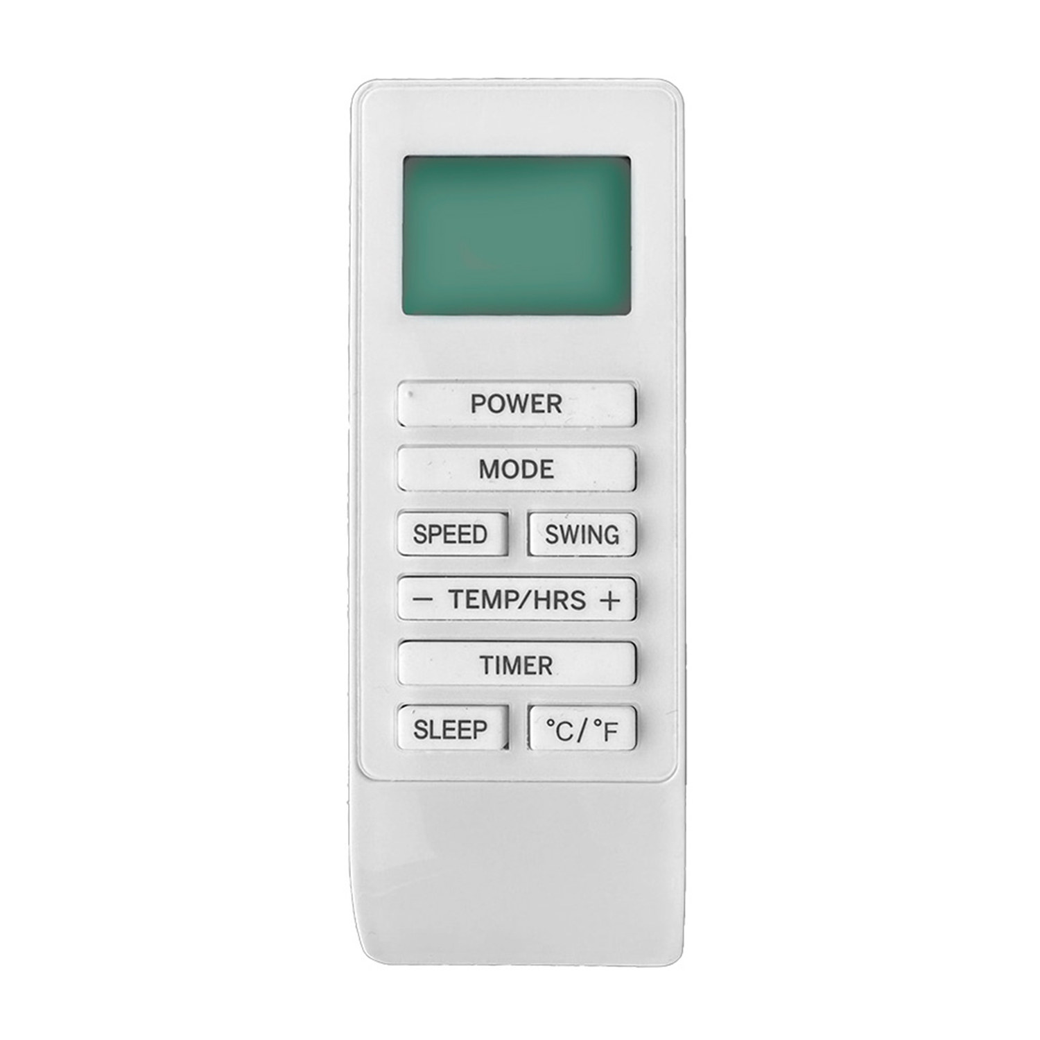 Telecomando CA bianco con pulsanti: accensione, modalità, velocità, oscillazione, temperatura, timer, standby e °C/°F.