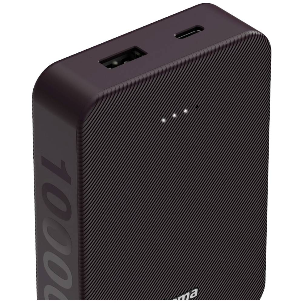 Ciemny power bank z portami USB i USB-C oraz teksturowaną powierzchnią.