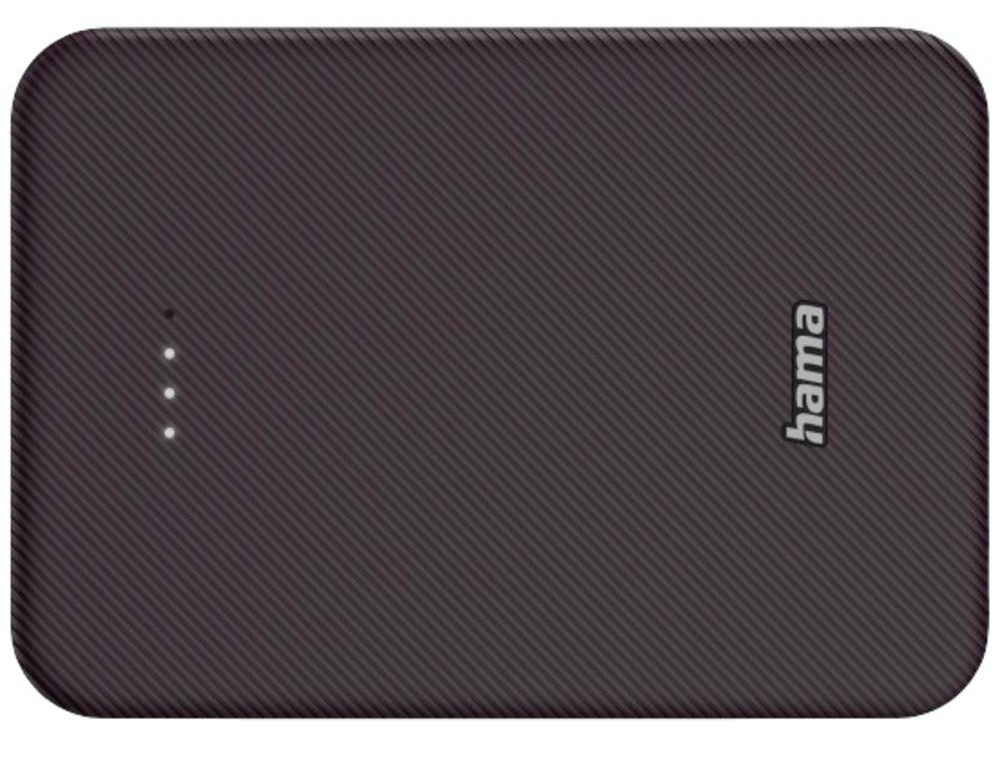 Czarny power bank z trzema białymi lampkami kontrolnymi i słowem 'hama' napisanym na biało.