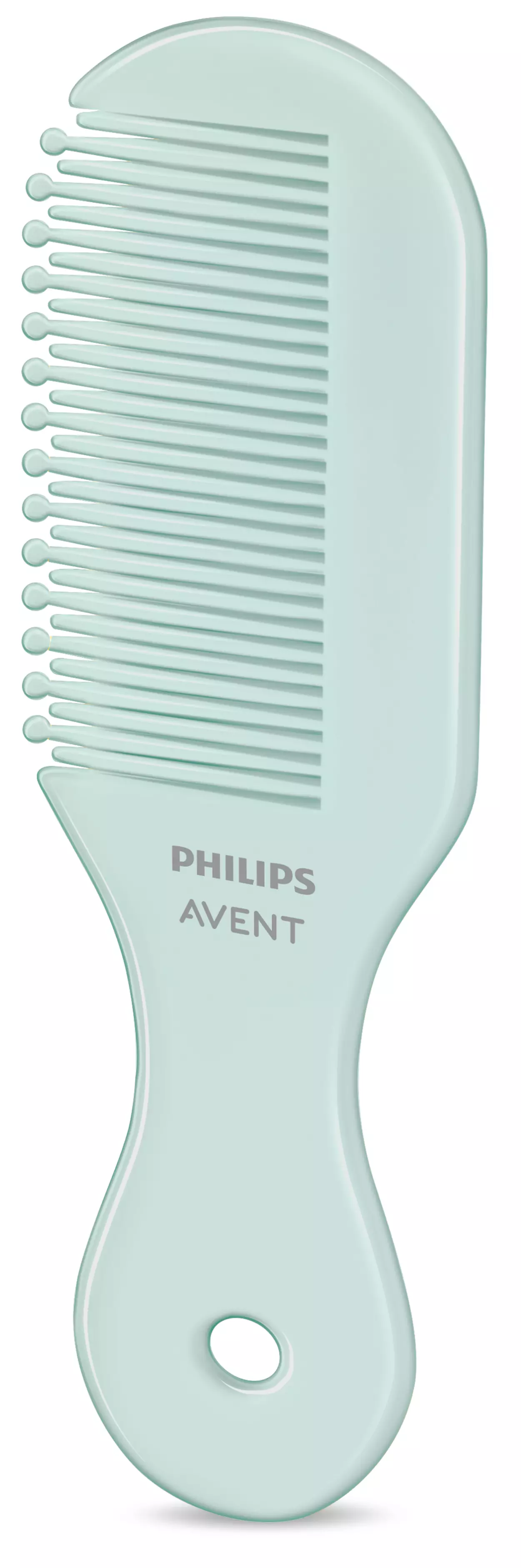 Egy világoszöld Philips Avent bébifésű ívelt fogantyúval, fehér háttérrel.