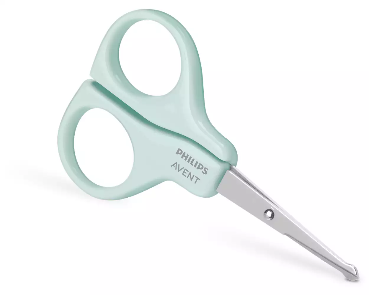 Mentazöld Philips Avent babavágó olló, ívelt fogantyúkkal és ezüst pengékkel.