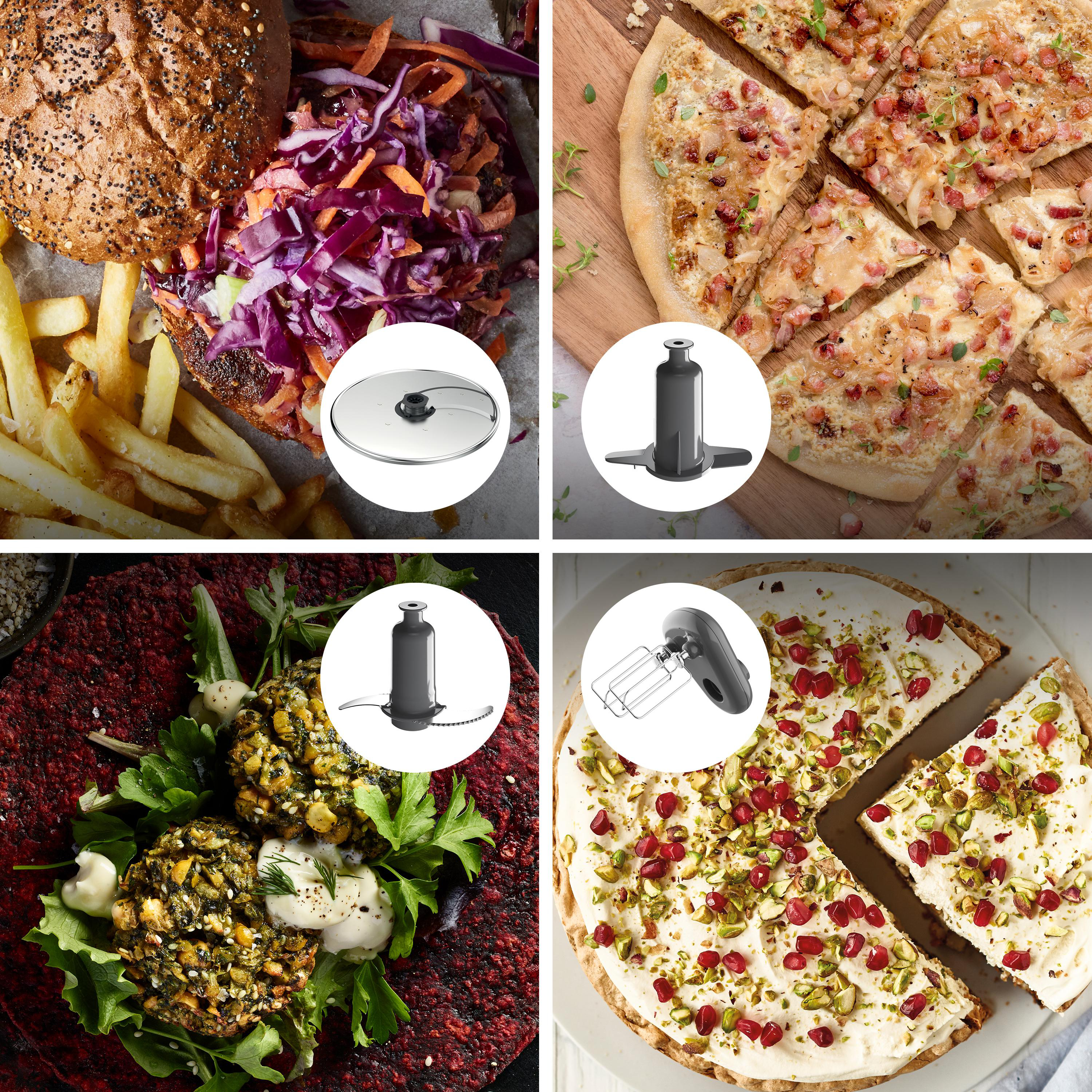 Collage mit vier Bildern: Burger, Pizza, Falafel und Dessert mit Küchenutensilien.