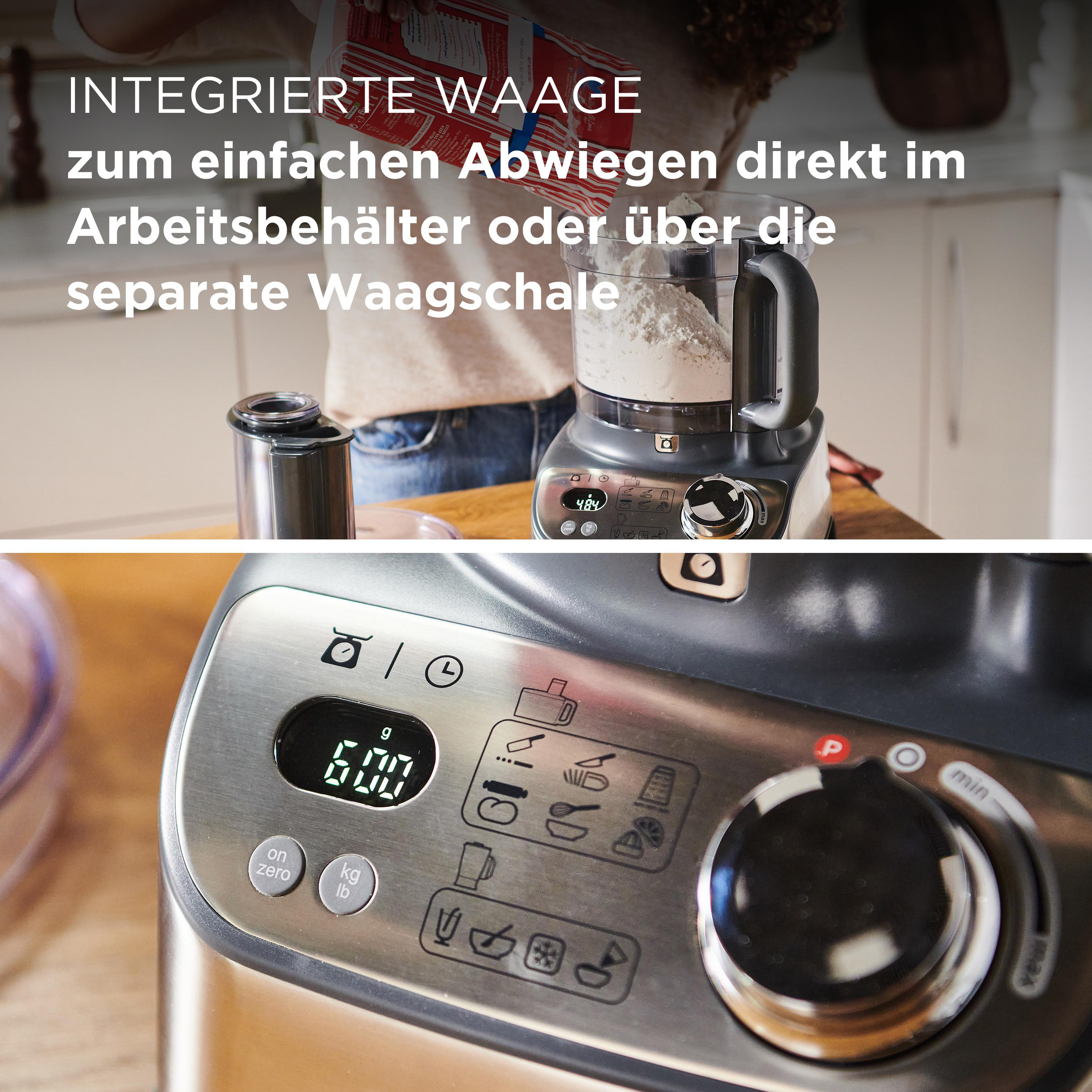 Nahaufnahme eines Küchengeräts mit Waage, Mehl wird eingefüllt.