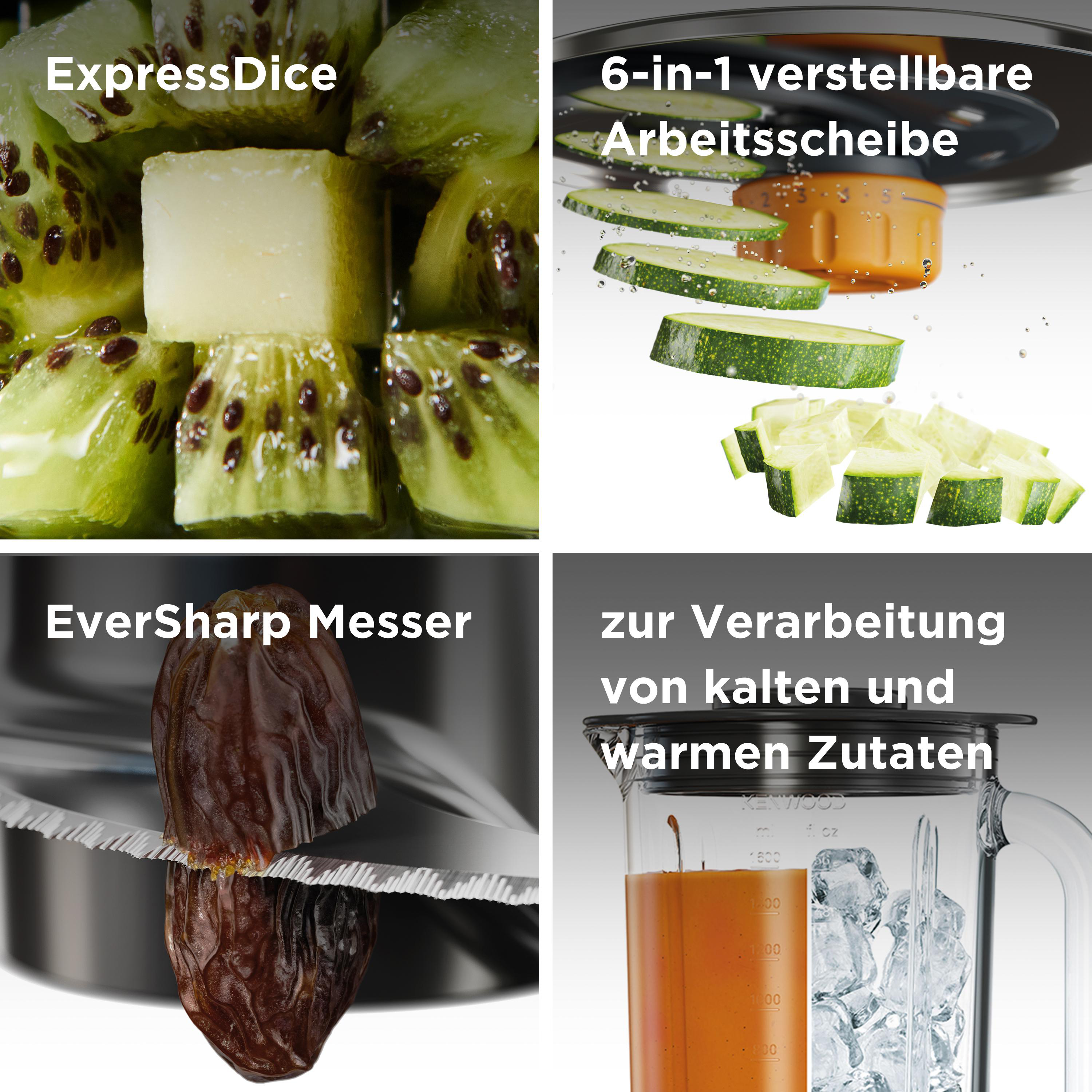 Vier Bilder. Kiwi gewürfelt. Zucchini wird geschnitten. Dattel wird geschnitten. Mixer mit Zutaten.