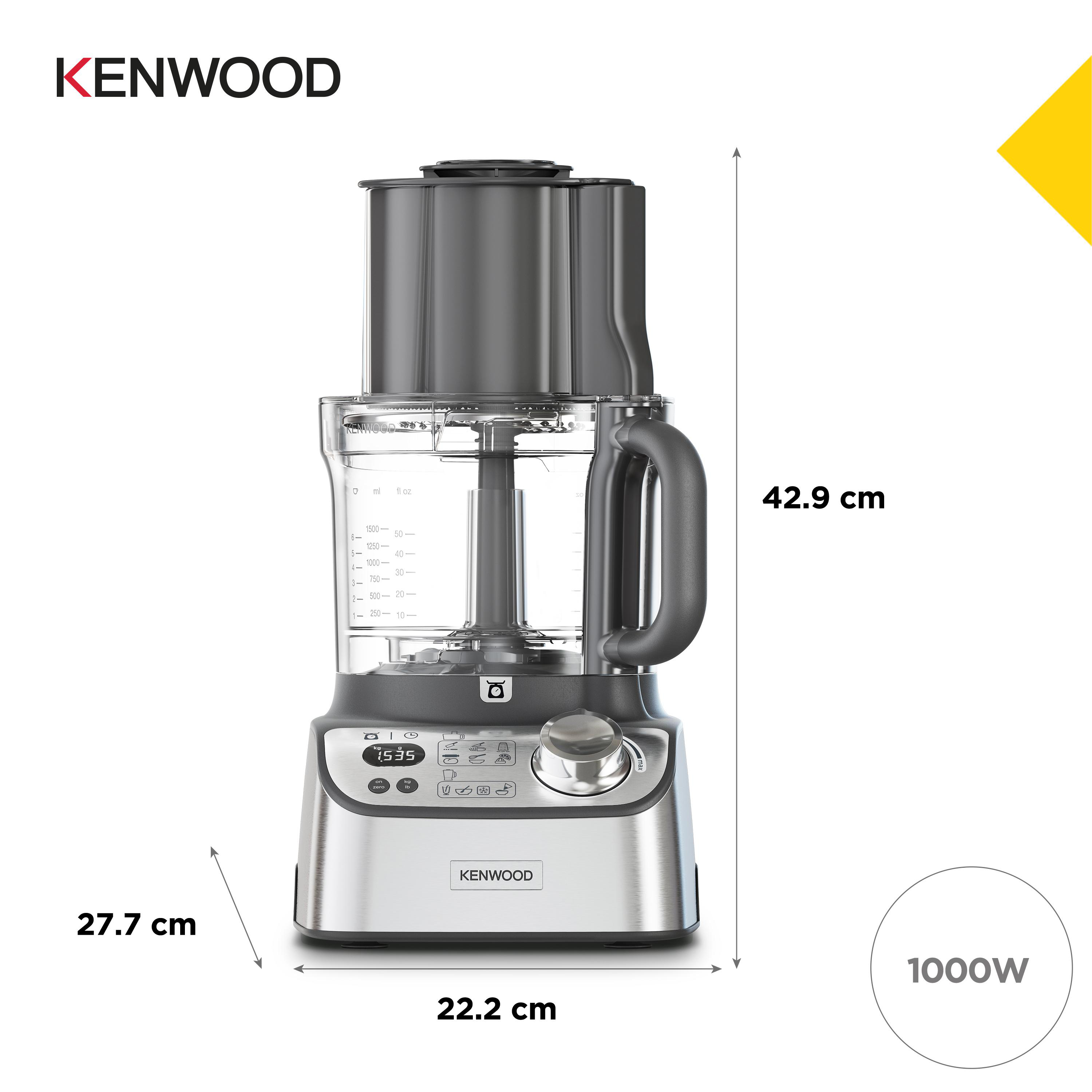 Ein Kenwood-Küchenmaschine. Es ist silber und schwarz. Abmessungen und Wattzahl werden angezeigt.