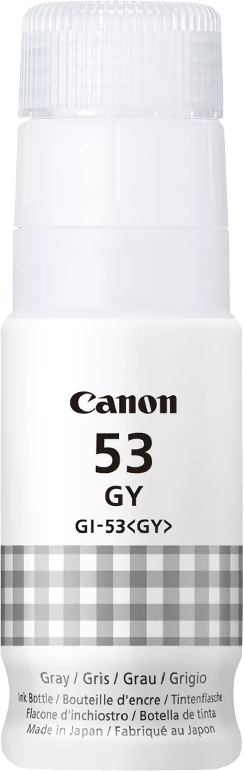 Weiße Canon Tintenflasche mit grauem Vichy-Etikett. Text: Canon 53 GY. Graue Tintenflasche.