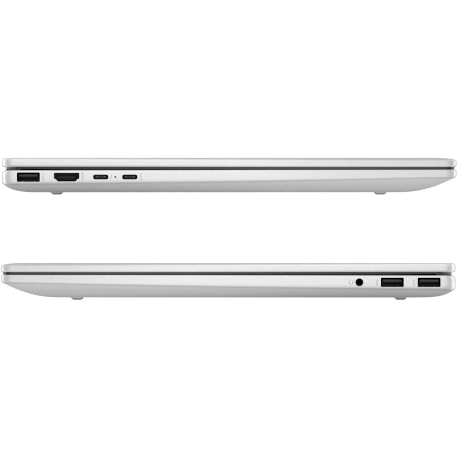 Deux vues latérales d'un ordinateur portable argenté, montrant les ports et un design fermé.