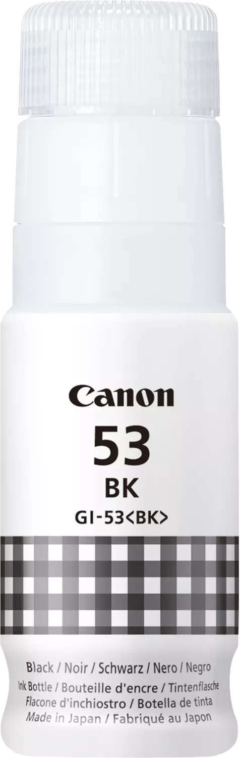 Canon Tintenflasche mit schwarz-weißem Karomuster und Text.