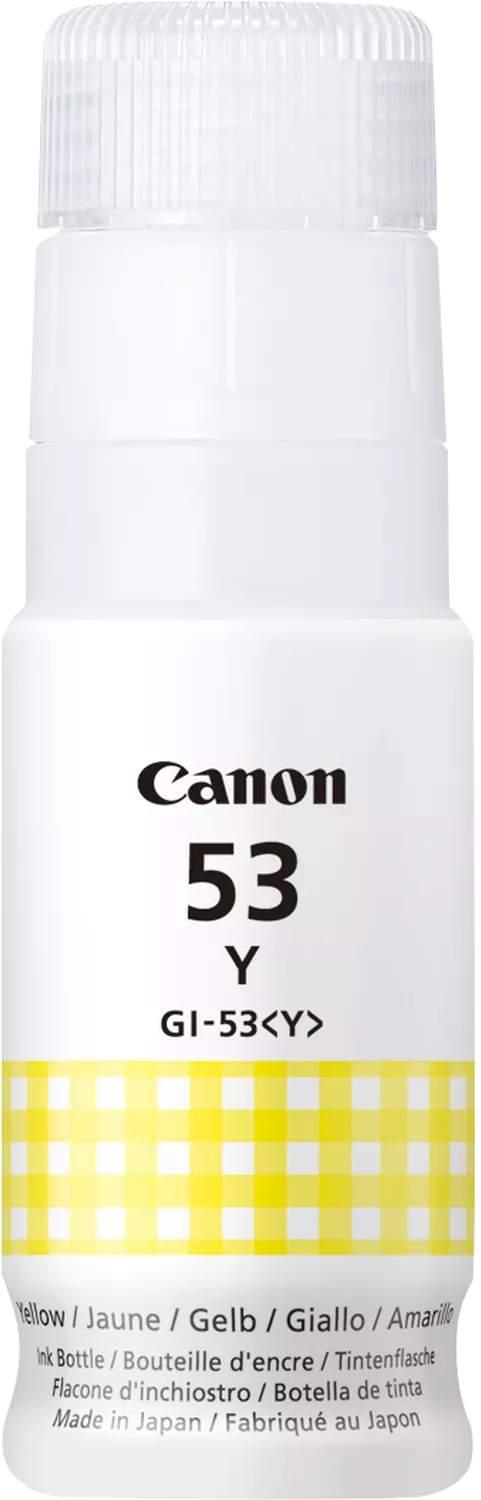 Canon-Tintenflasche. Weiße Flasche mit gelb kariertem Band. Canon 53-Etikett in Schwarz.