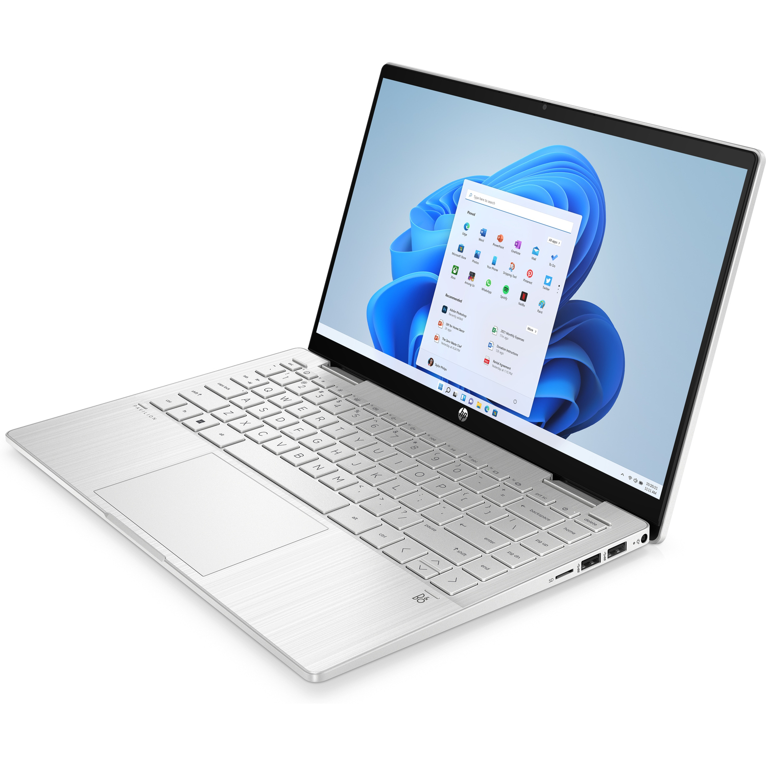 Zilveren laptop open met blauw-wit scherm.
