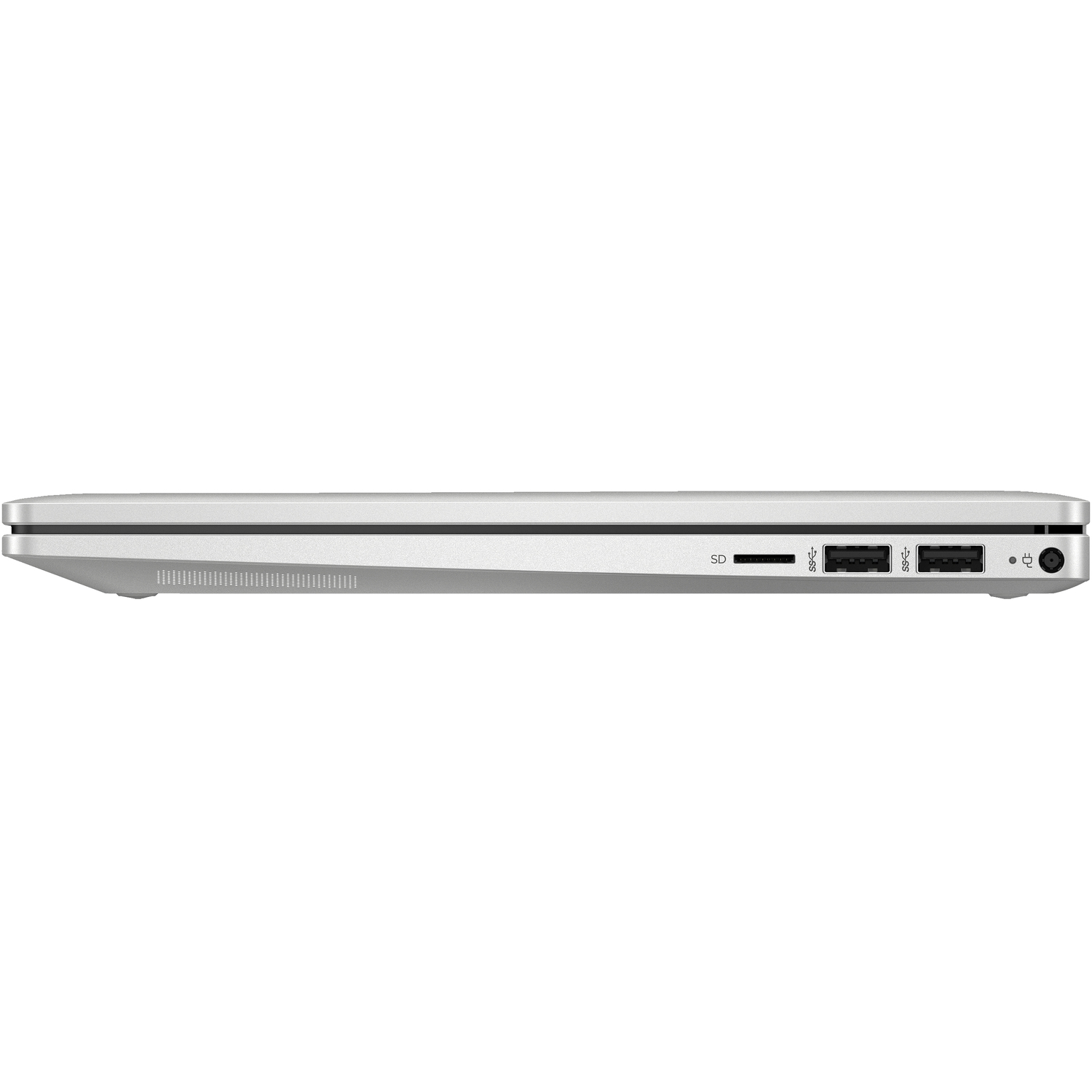 Zijaanzicht van een zilveren laptop met poorten en aansluitingen.