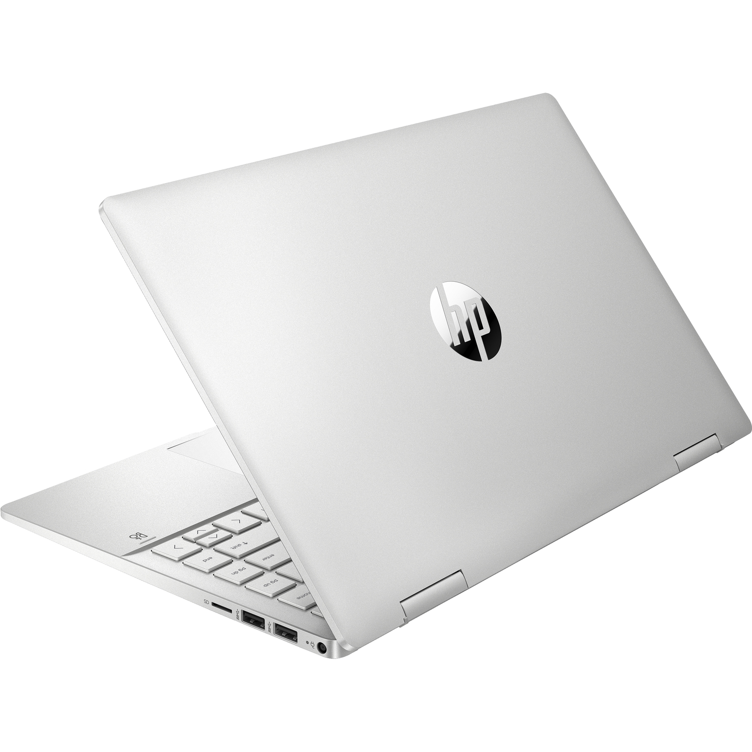 Een zilveren laptop met zwart logo, gedeeltelijk open op een witte achtergrond.
