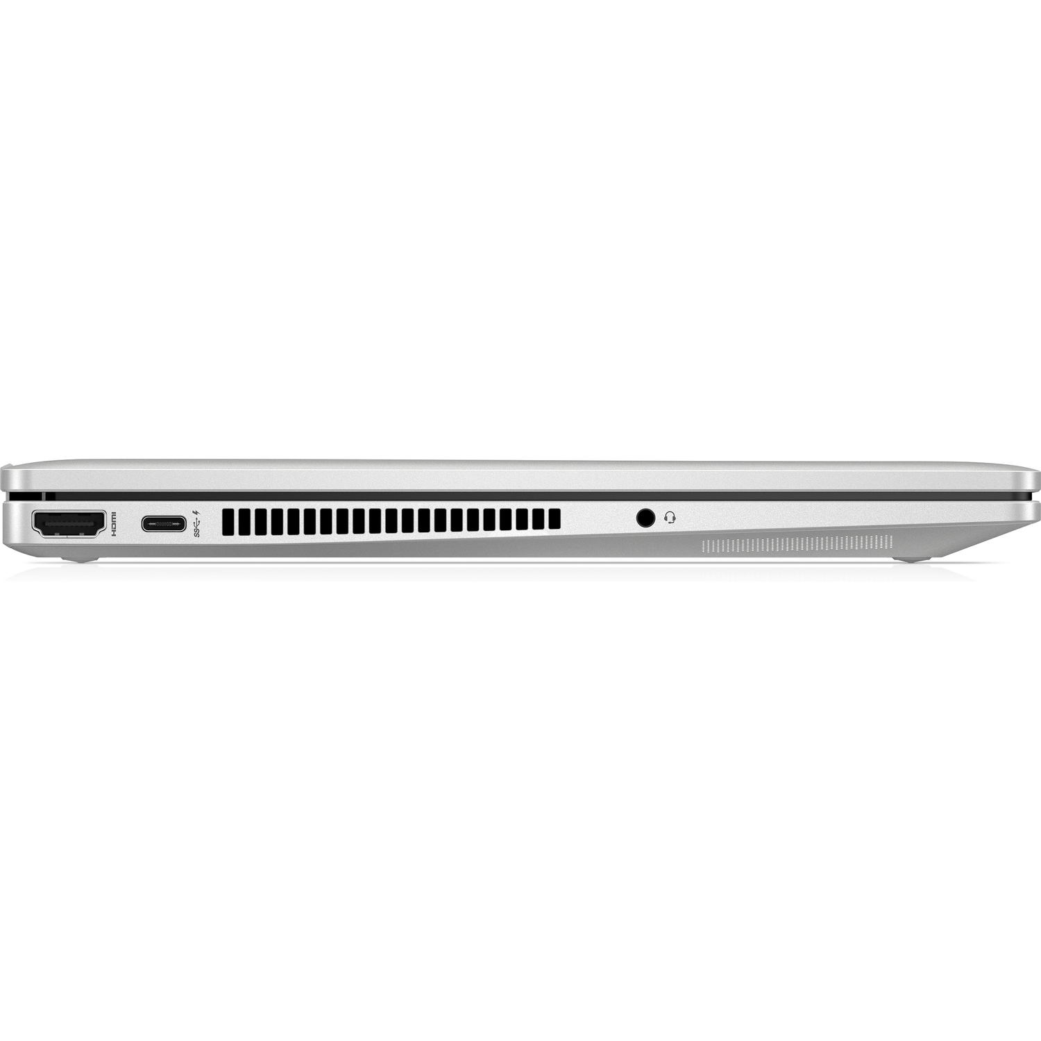 Zijaanzicht van een zilveren laptop met poorten en een ventilatieopening.
