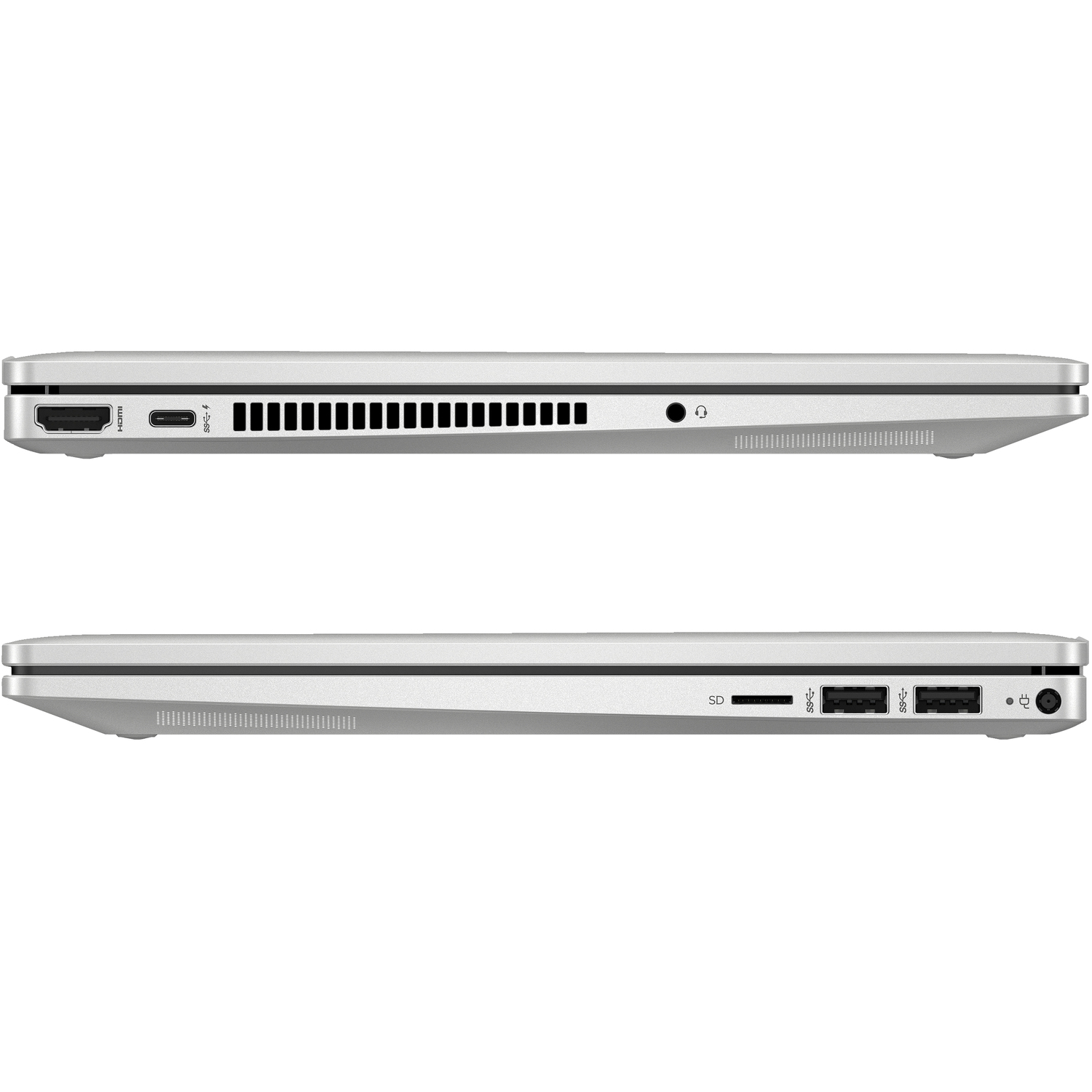 Zijaanzicht van een laptop, met poorten: HDMI, USB-C, audio jack en ventilatie.
