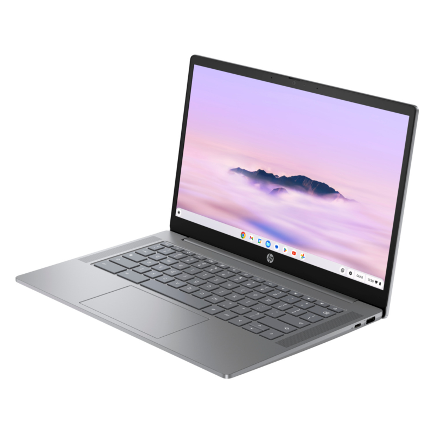 A black and silver laptop, angled showing keyboard and screen.