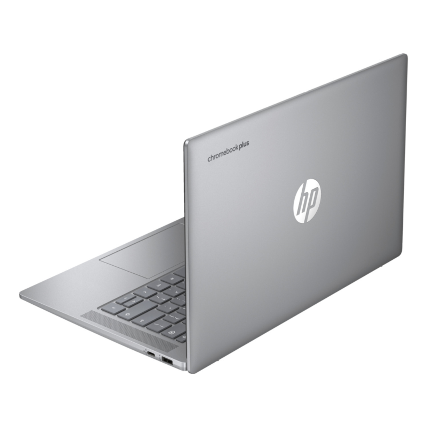 A silver laptop with the lid open. The back of the laptop shows the HP logo.