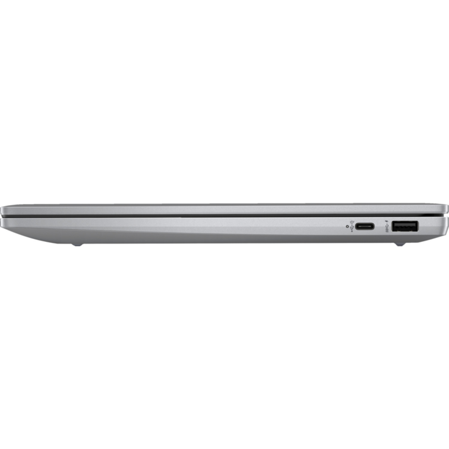 Side view of a silver laptop showing ports on the side. 