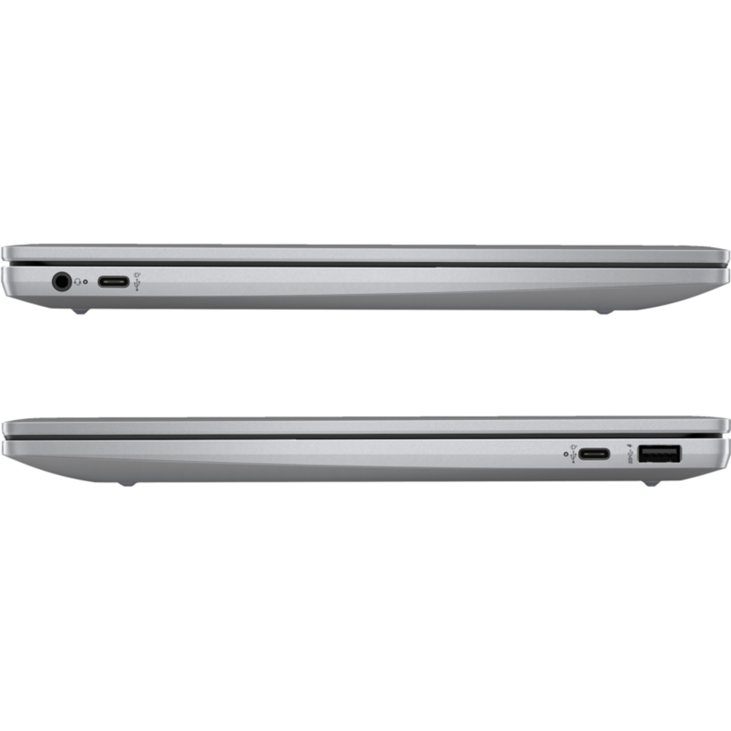 Silver laptop, side view, showing ports. Two stacked views of the laptop. 
