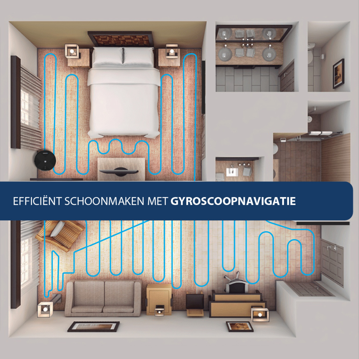Plattegrond met een robotstofzuiger die schoonmaakt. De indeling omvat een slaapkamer.