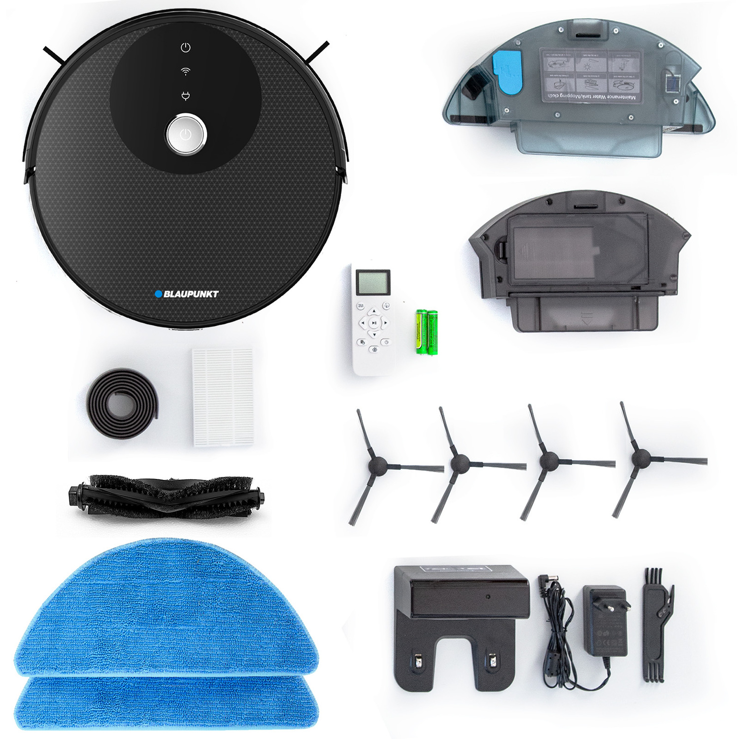Blaupunkt robotstofzuiger en toebehoren. Zwart-witte achtergrond.