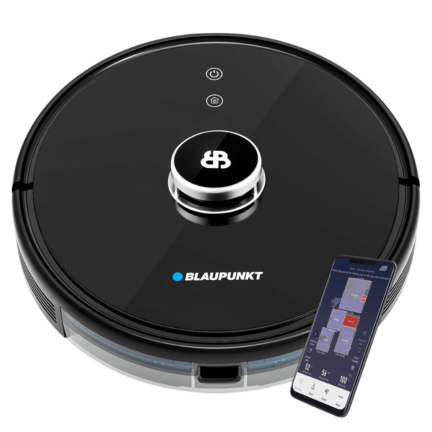 Zwarte robotstofzuiger en een smartphone met een kaart. Blaupunkt logo zichtbaar.