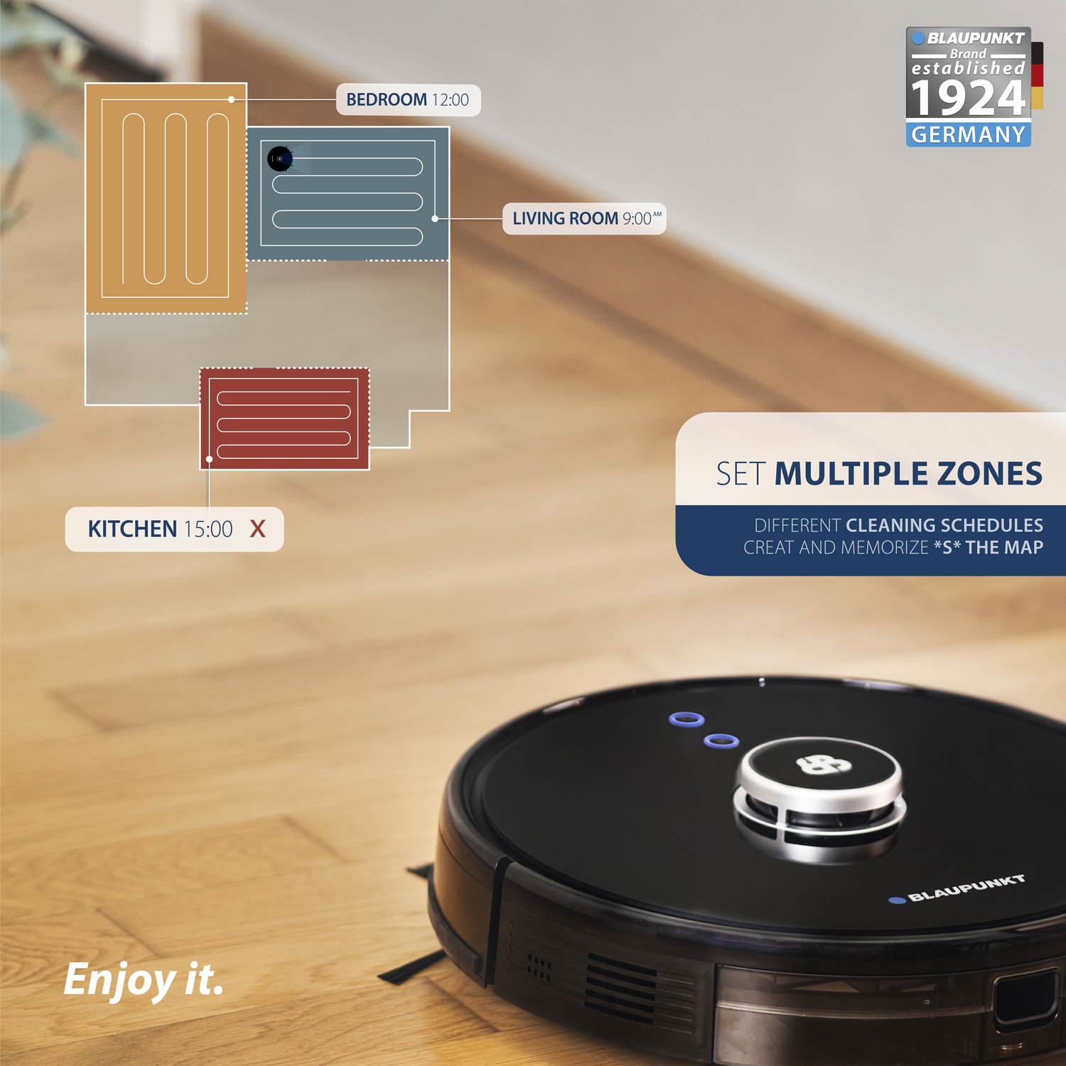Een robotstofzuiger op een houten vloer met een plattegrond en tekst.