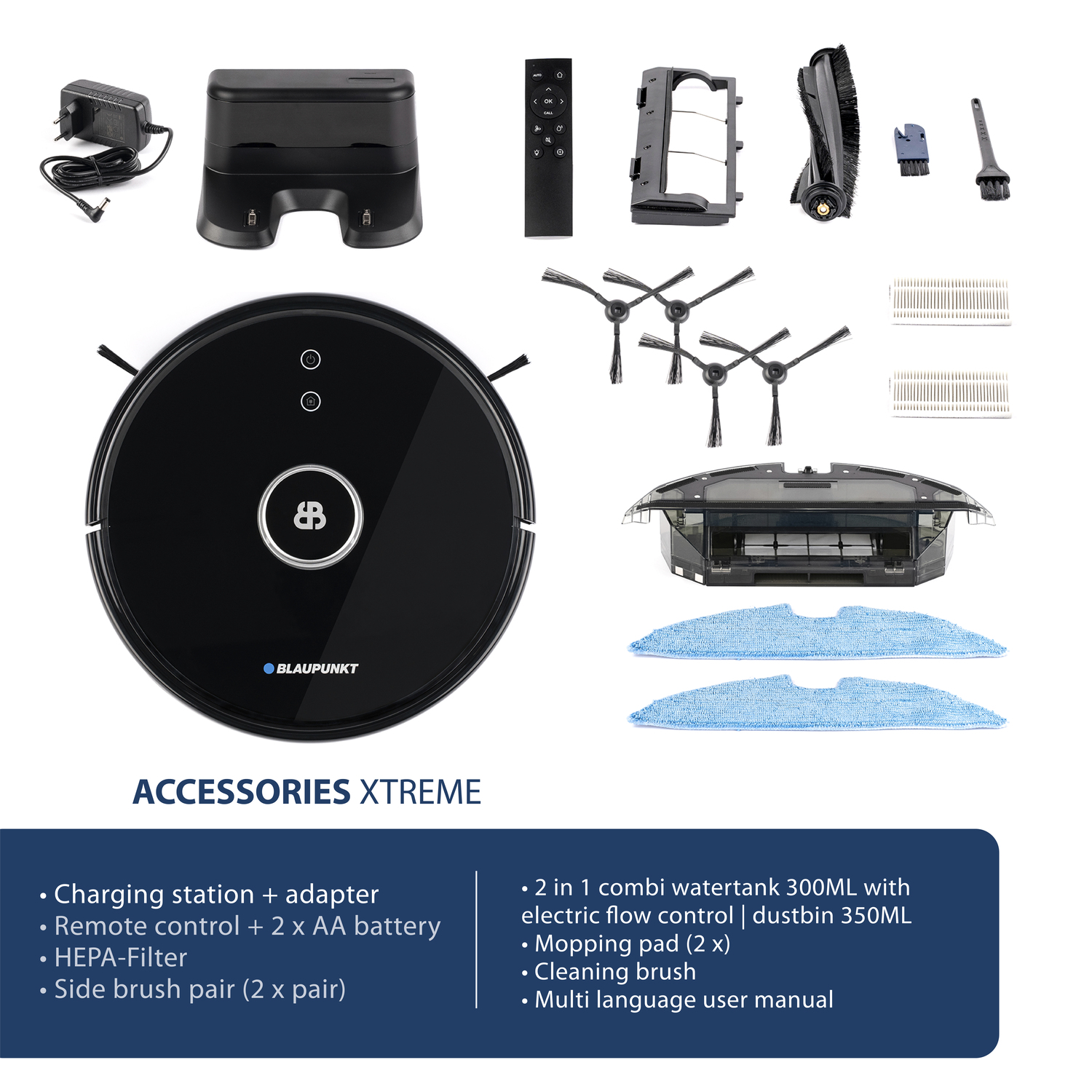 Robotstofzuiger met accessoires: oplaadstation, afstandsbediening, borstels en pads.