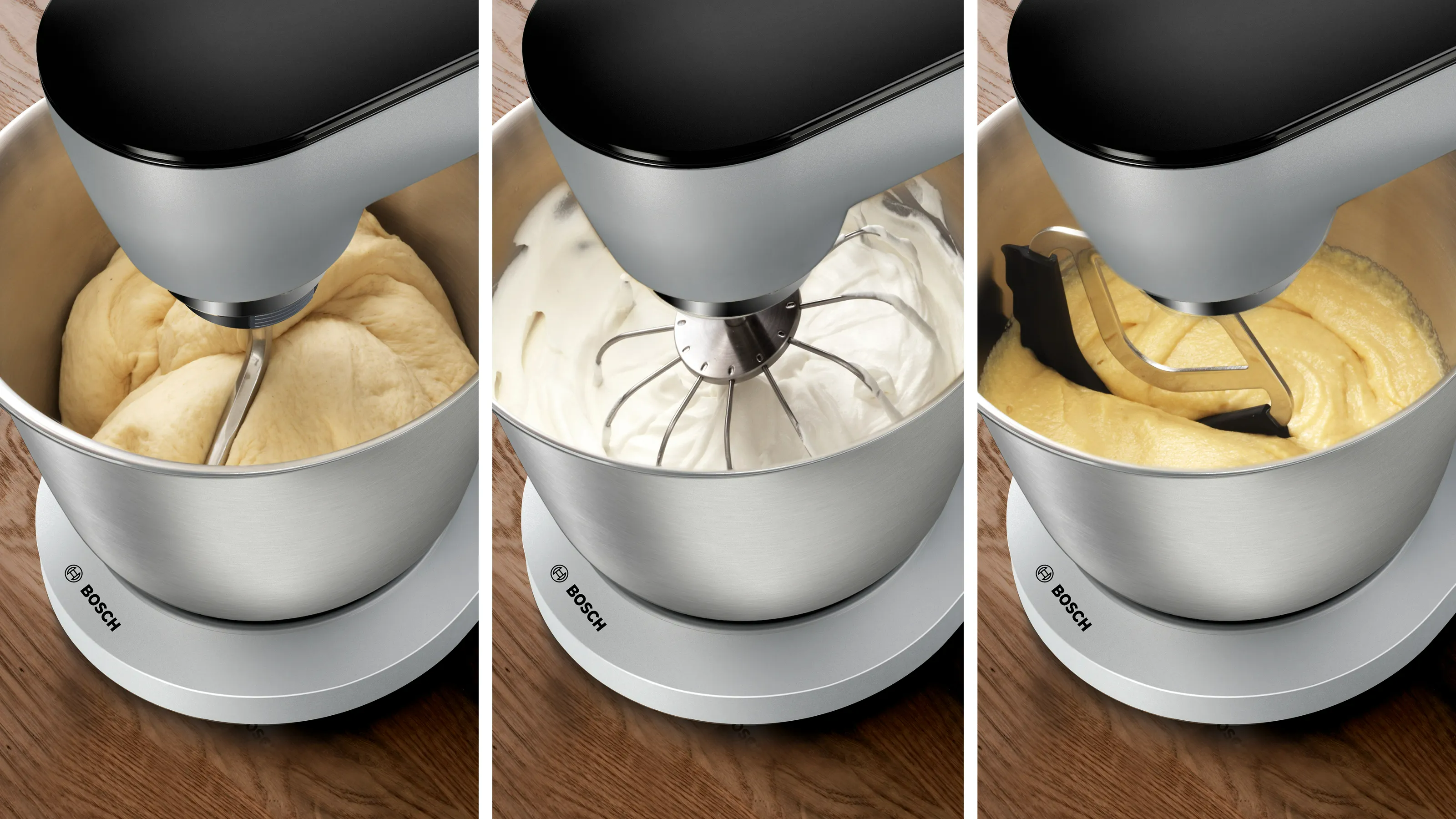 Egy mixer három fázisban: tészta, tejszínhab és tészta.