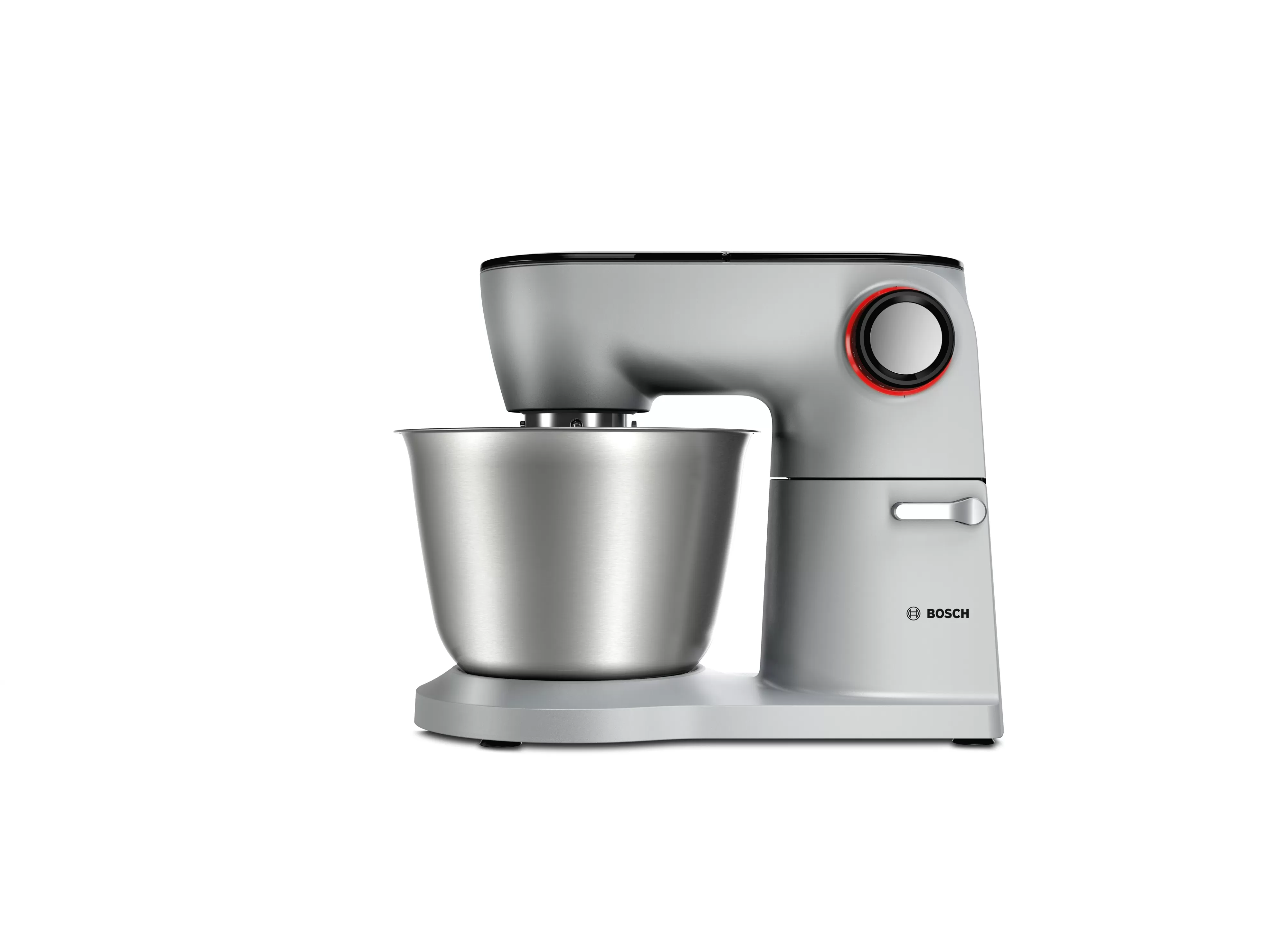 Ezüst színű állványos mixer fém tálal, fehér háttér előtt.