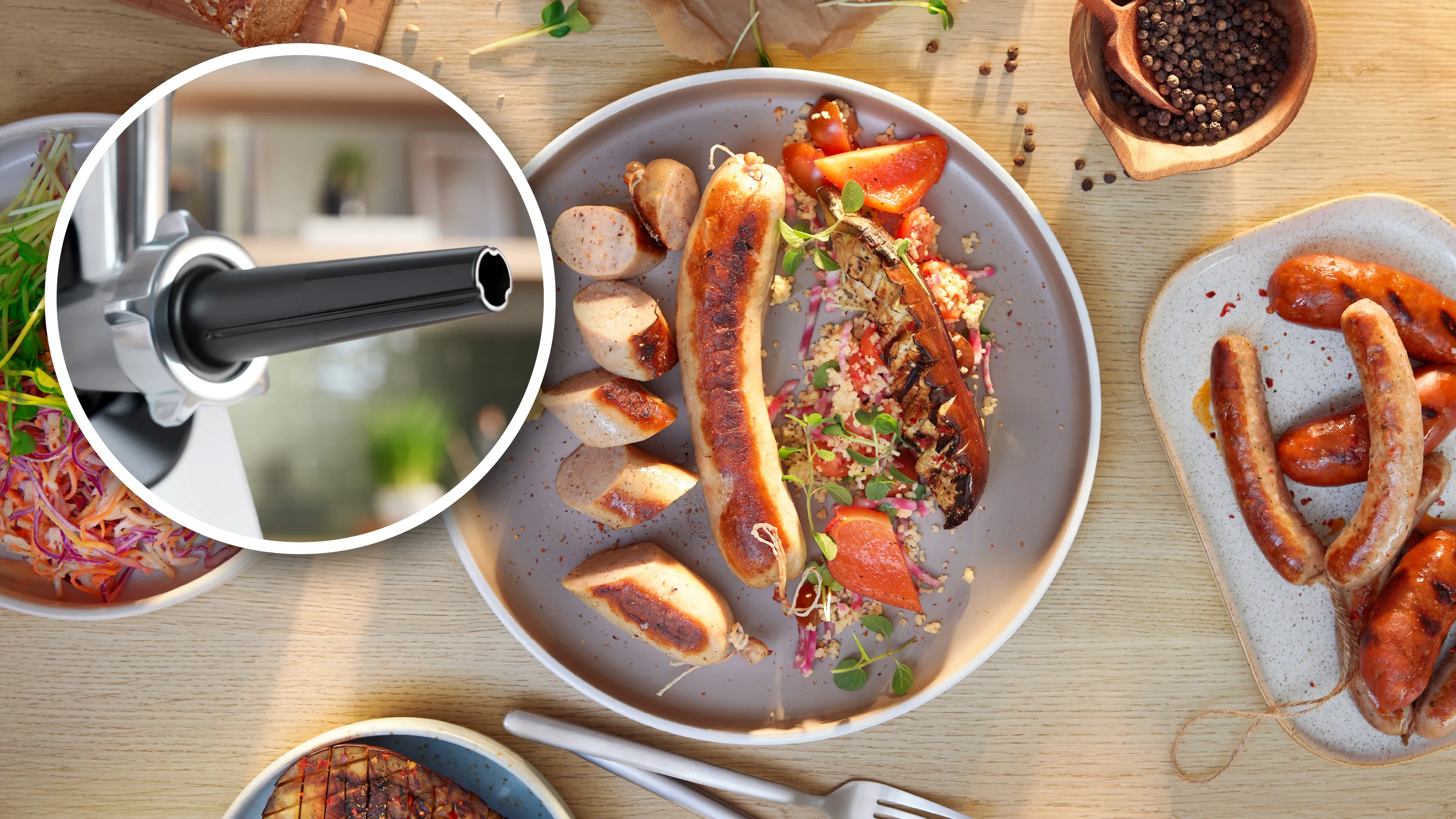 Grillezett kolbászkarikákkal, zöldségekkel és szósszal tál. Mellette egy daráló.