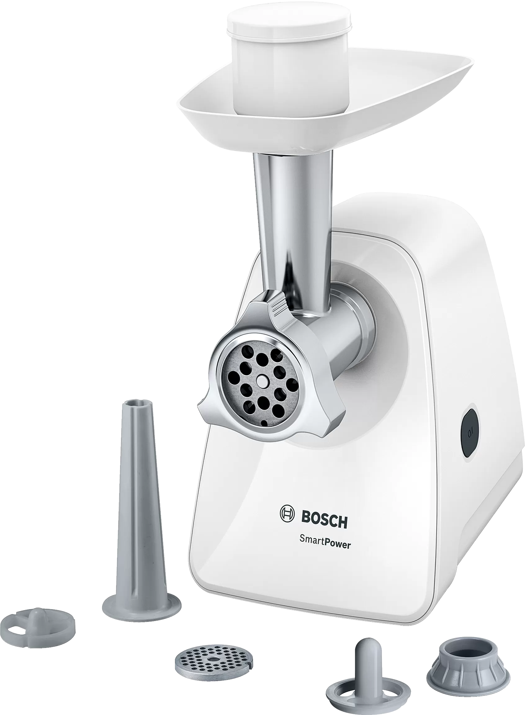 BOSCH MFW2520W Húsdaráló 1500 W, 1.7 kg/perc darálás, 2 tárcsa, kolbásztöltő, kebbekészítő, fehér