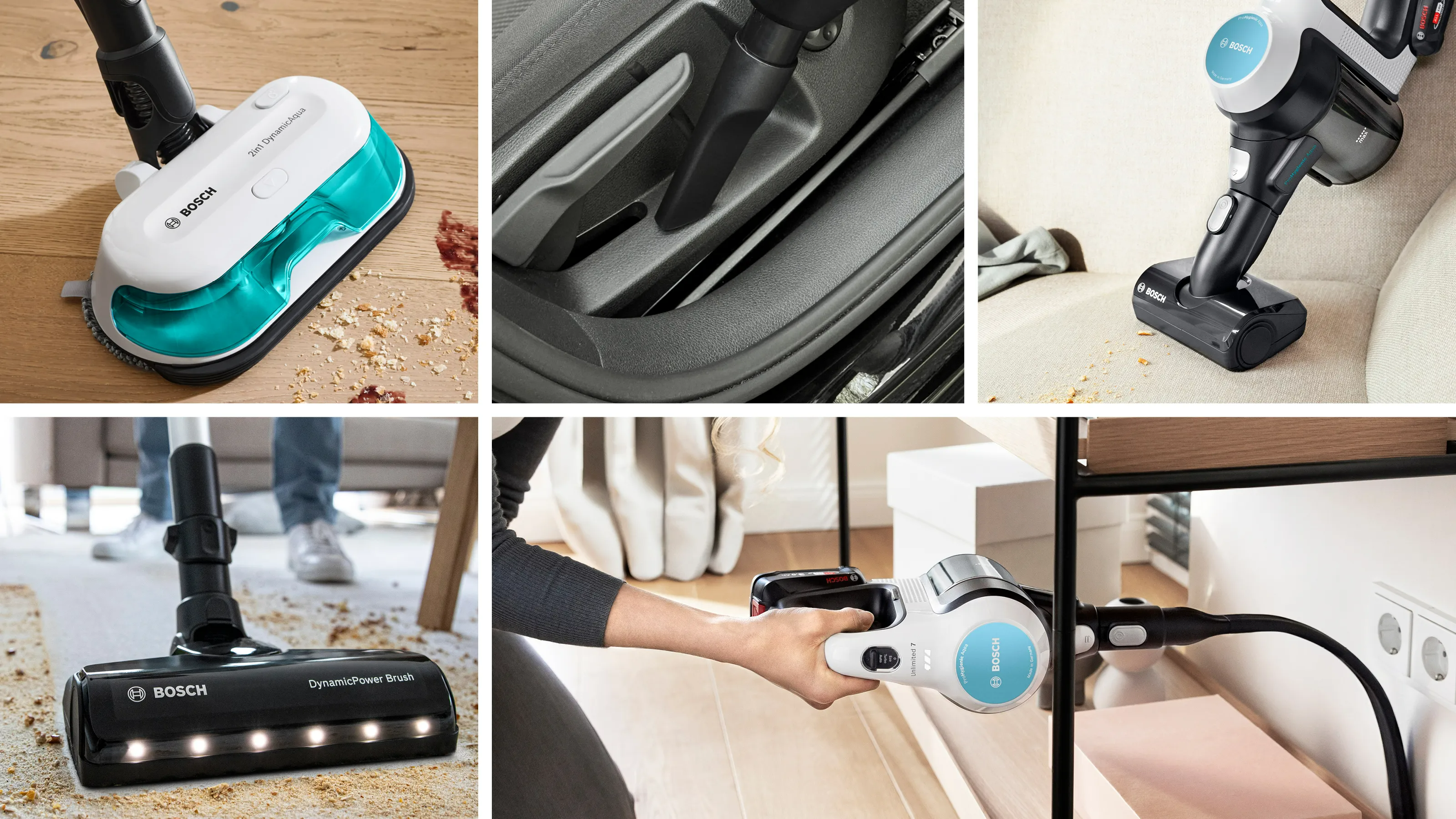 Bosch porszívó használatban. Különböző szögekből láthatók a tisztítási műveletek és a tartozékok.