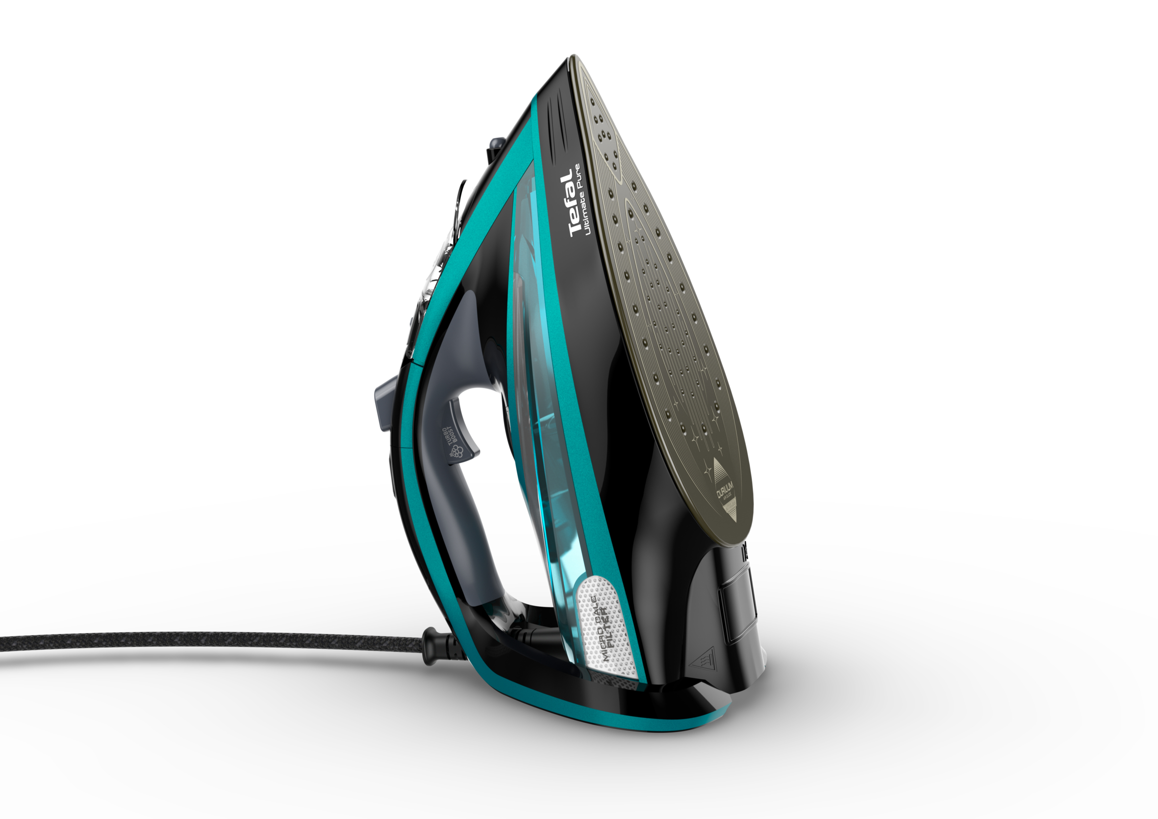 Czarne i turkusowe żelazko na białym tle. Żelazko jest ustawione pod kątem, pokazując stopę i uchwyt.