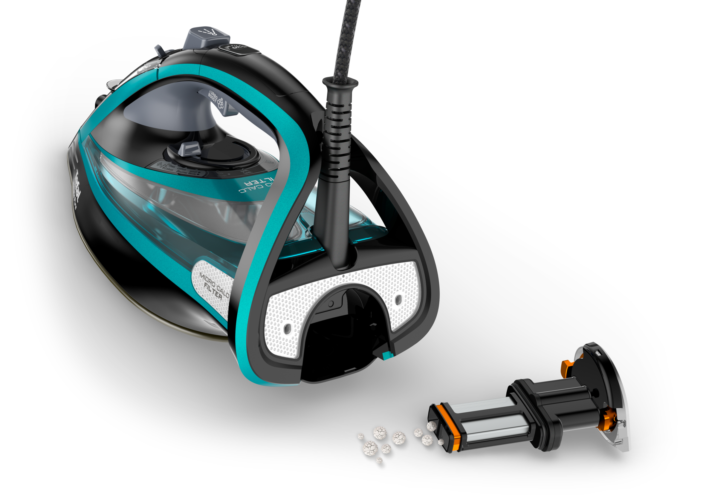 Czarne i turkusowe żelazko z wyjmowanym filtrem na białym tle, pokazujące parę i filtr.