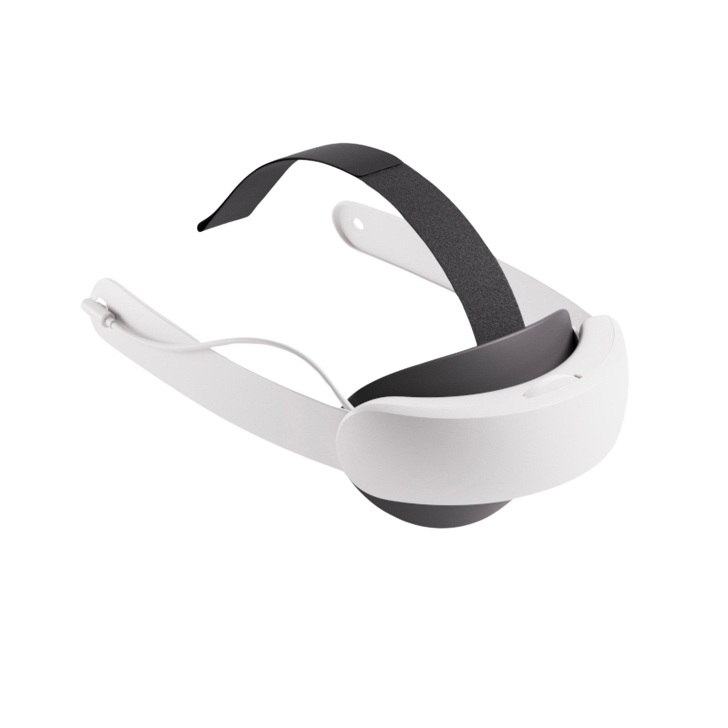 Casque VR blanc avec sangles noires. Design moderne. Fond sombre.