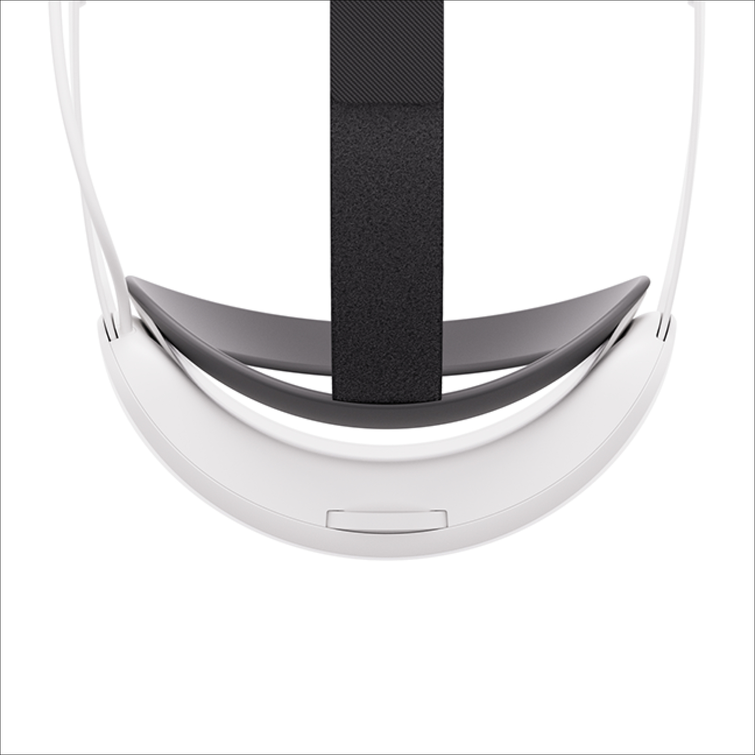 A white VR headset, top view. It has a black strap, and white side straps.