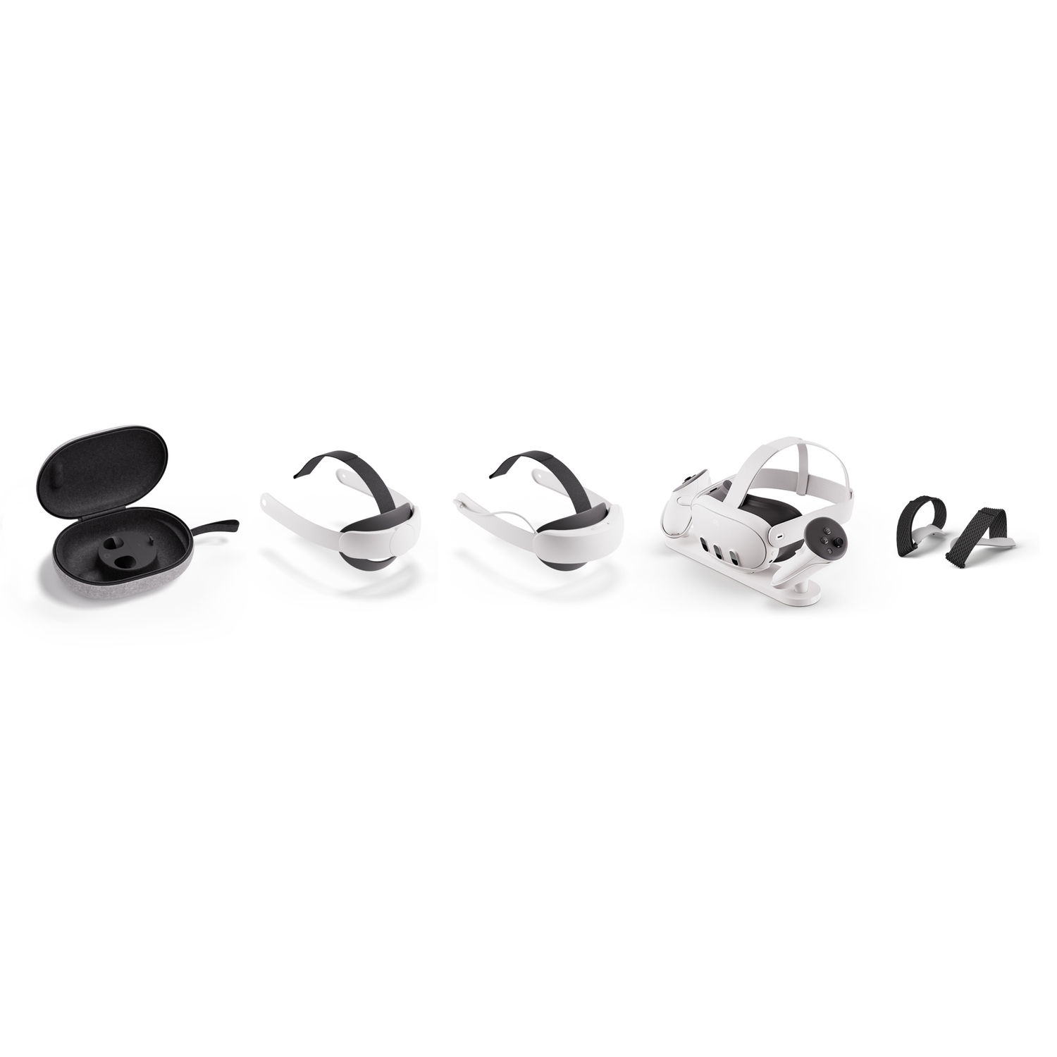 Various VR headset components and case, arranged on a white surface, showing headset parts.