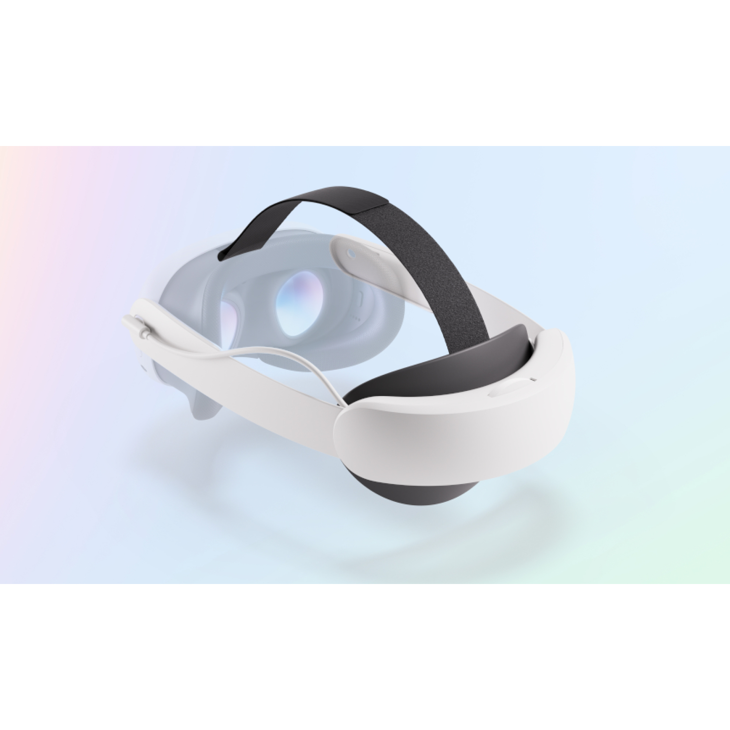 White VR headset with black strap, tilted slightly against a soft, colorful background.